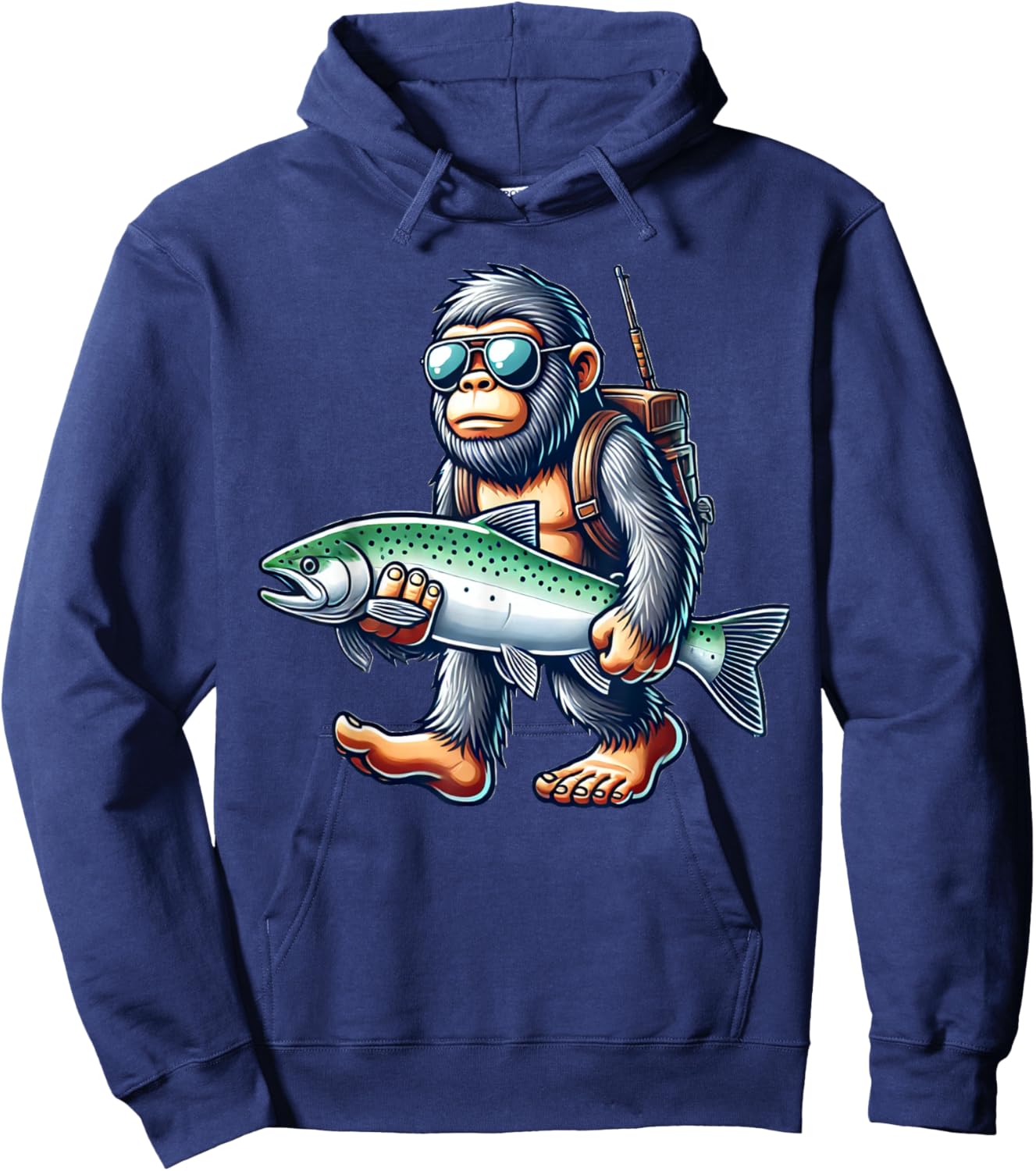 Fishing Bigfoot Lover Gift Co. Steelhead Fishing Bigfoot Trout River -Adults & Kids , Black, Small, Short Sleeve Hoodie - Hoodie | Navy