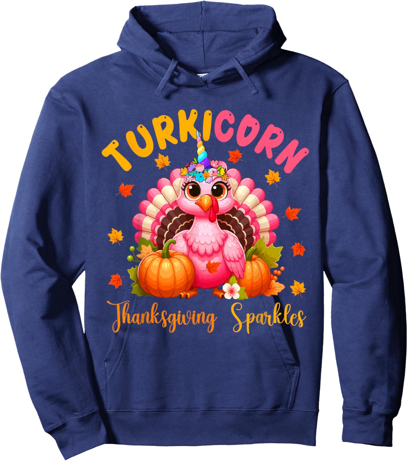 Turkicorn Thanksgiving Sparkles Cute Turkey Unicorn Floral Hoodie - Hoodie | Navy