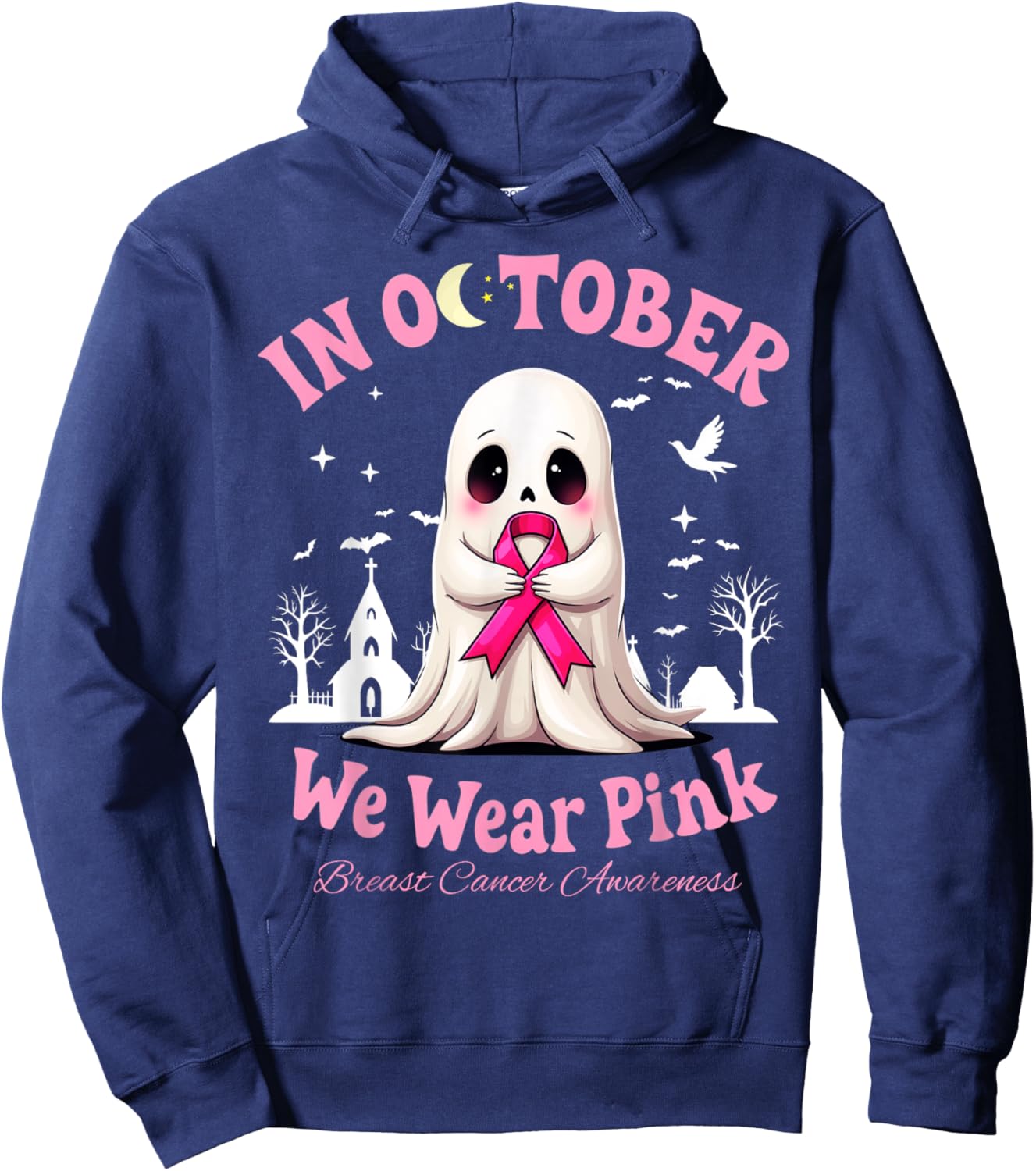 In October We Wear Pink Cute Ghost Breast Cancer Hoodie - Hoodie | Navy