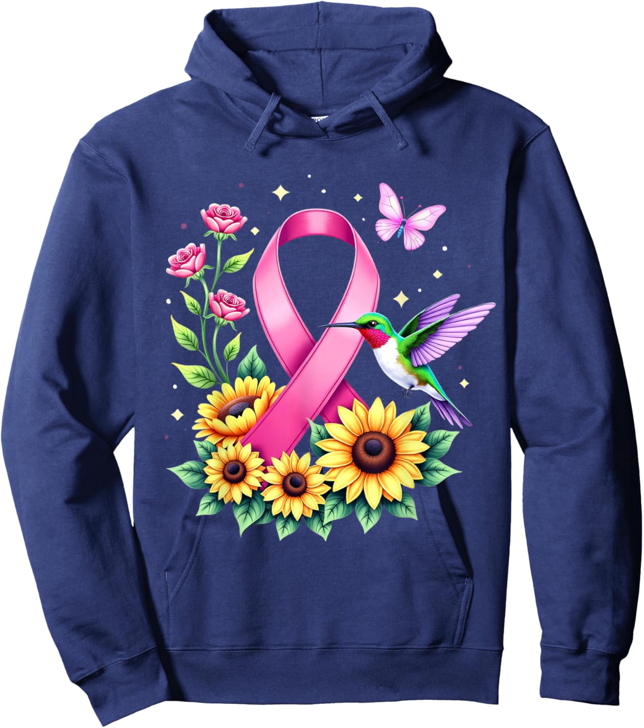 Hummingbird Sunflower Pink Ribbon Breast Cancer Awareness Hoodie - Hoodie | Navy