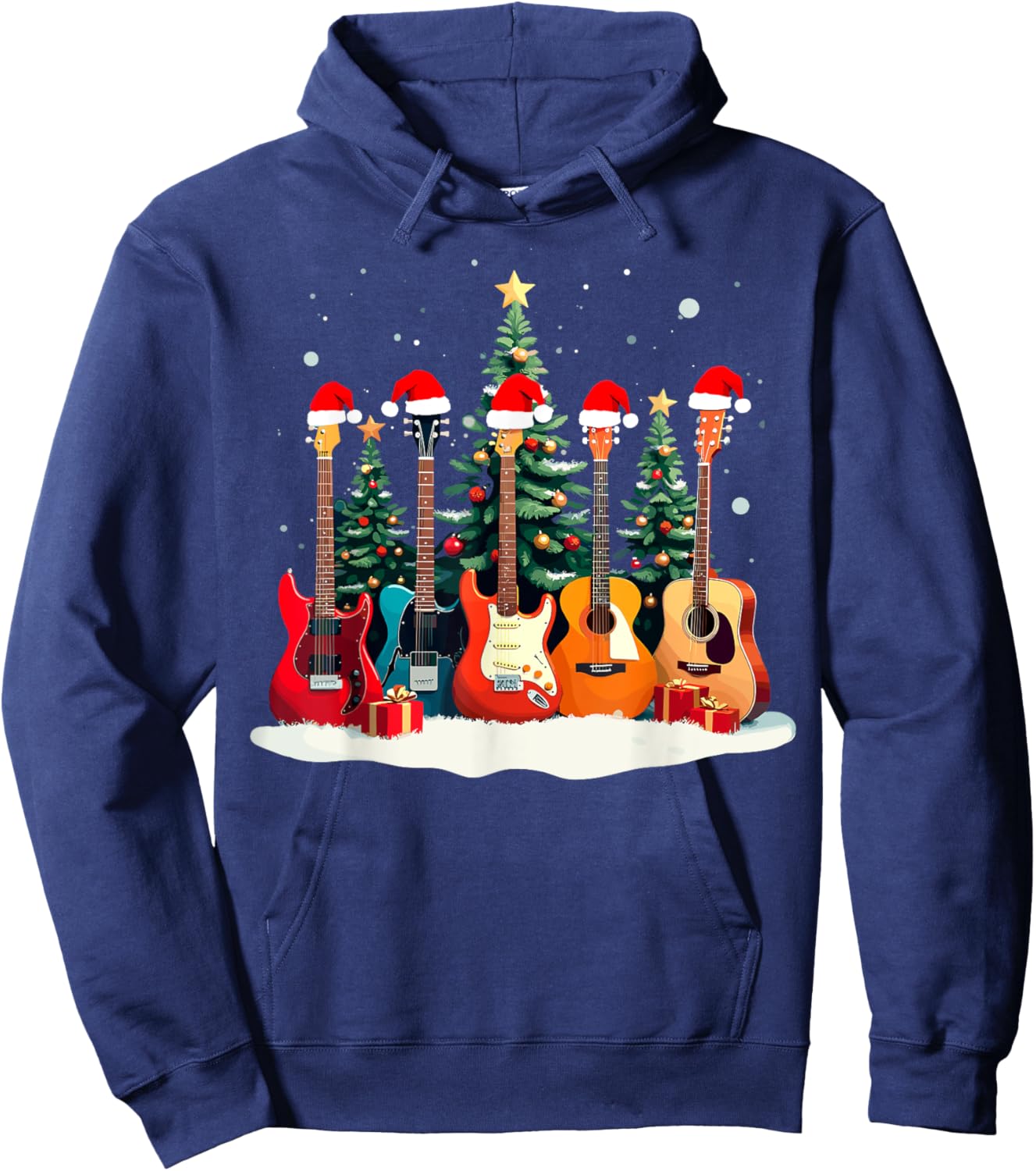 Santa Guitars Acoustic Bass Music Guitar Player Christmas Hoodie - Hoodie | Navy
