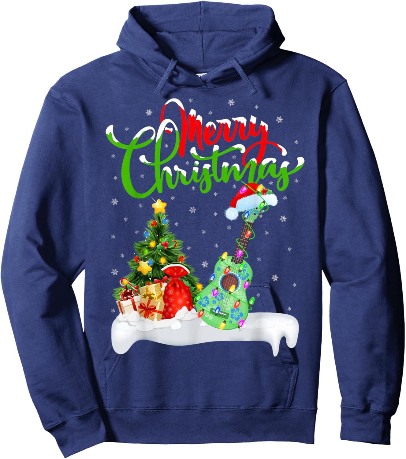 Xmas Tree Lights Santa Hat Musical Ukulele Guitar Christmas Hoodie - Hoodie | Navy
