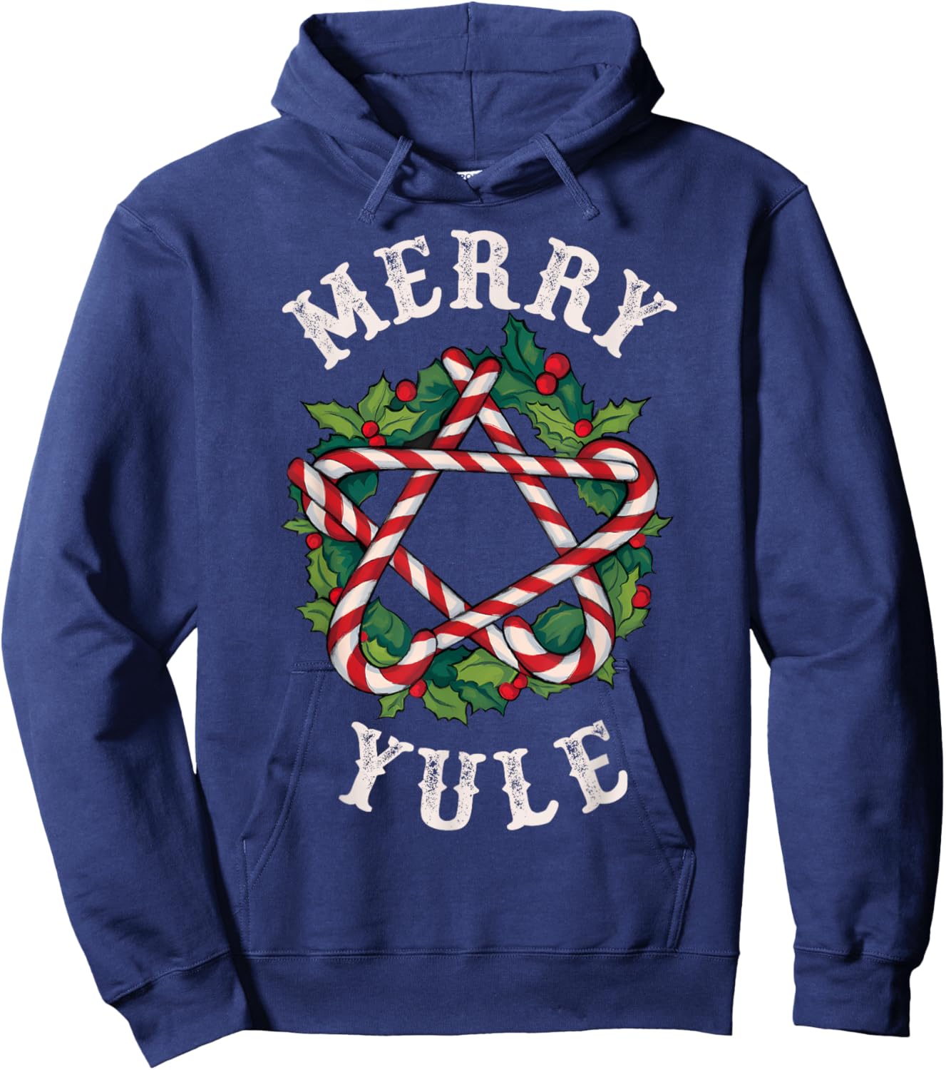 Merry Yule Winter Solstice Holly Christmas Pagan Pentagram Hoodie - Hoodie | Navy