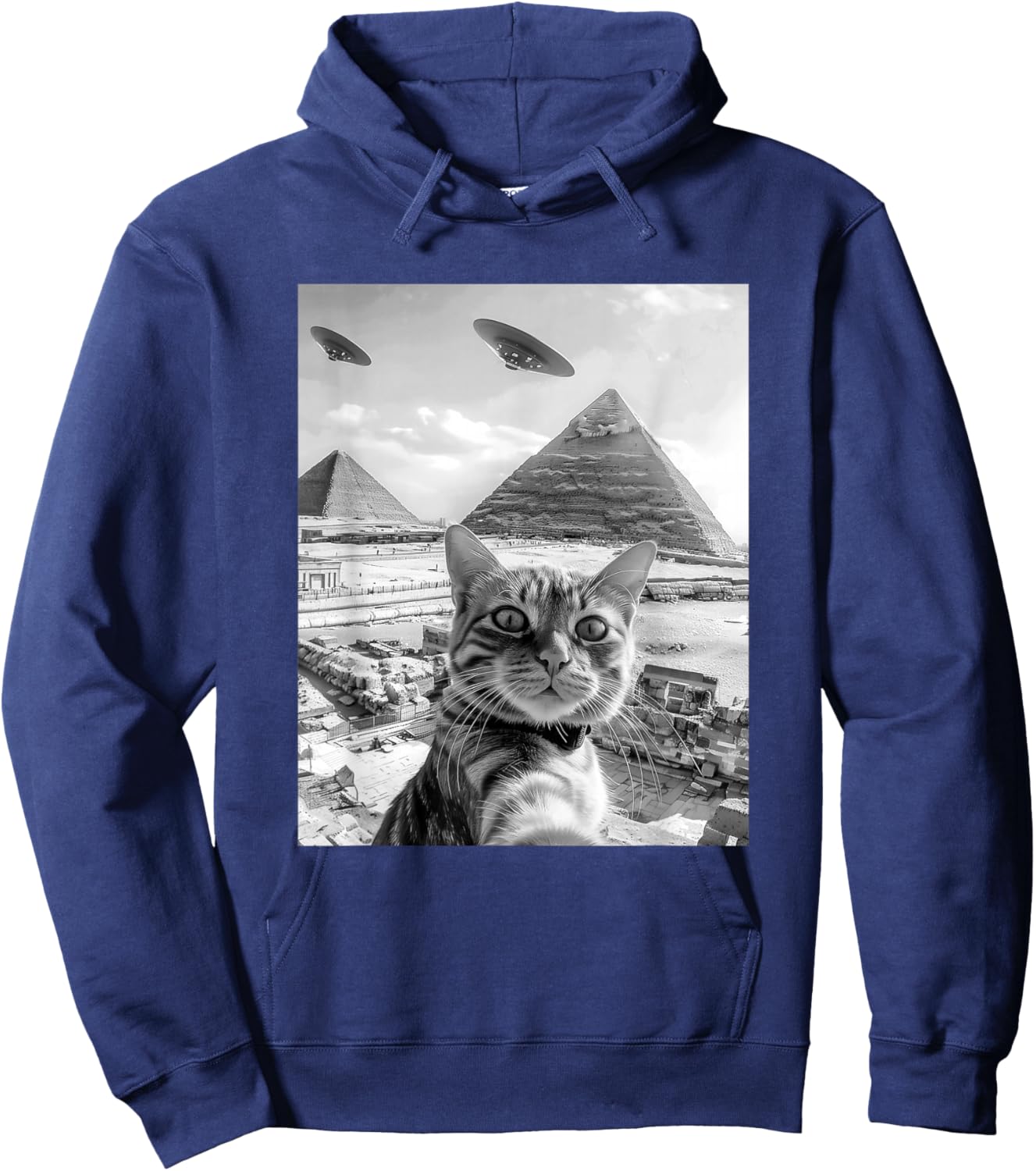 Funny Cat Selfie with Pyramids Alien UFOs Men Women Girls Kids Hoodie - Hoodie | Navy