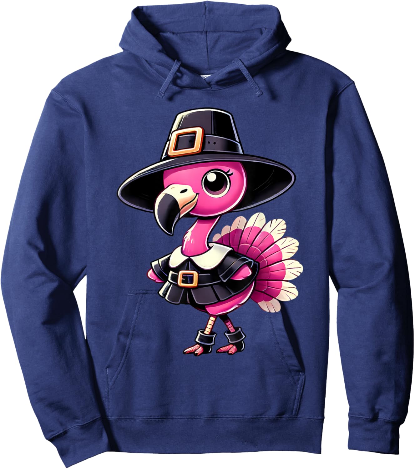 Cute Flamingo Pilgrim Hat Thanksgiving Fall Men Women Kids Hoodie - Hoodie | Navy