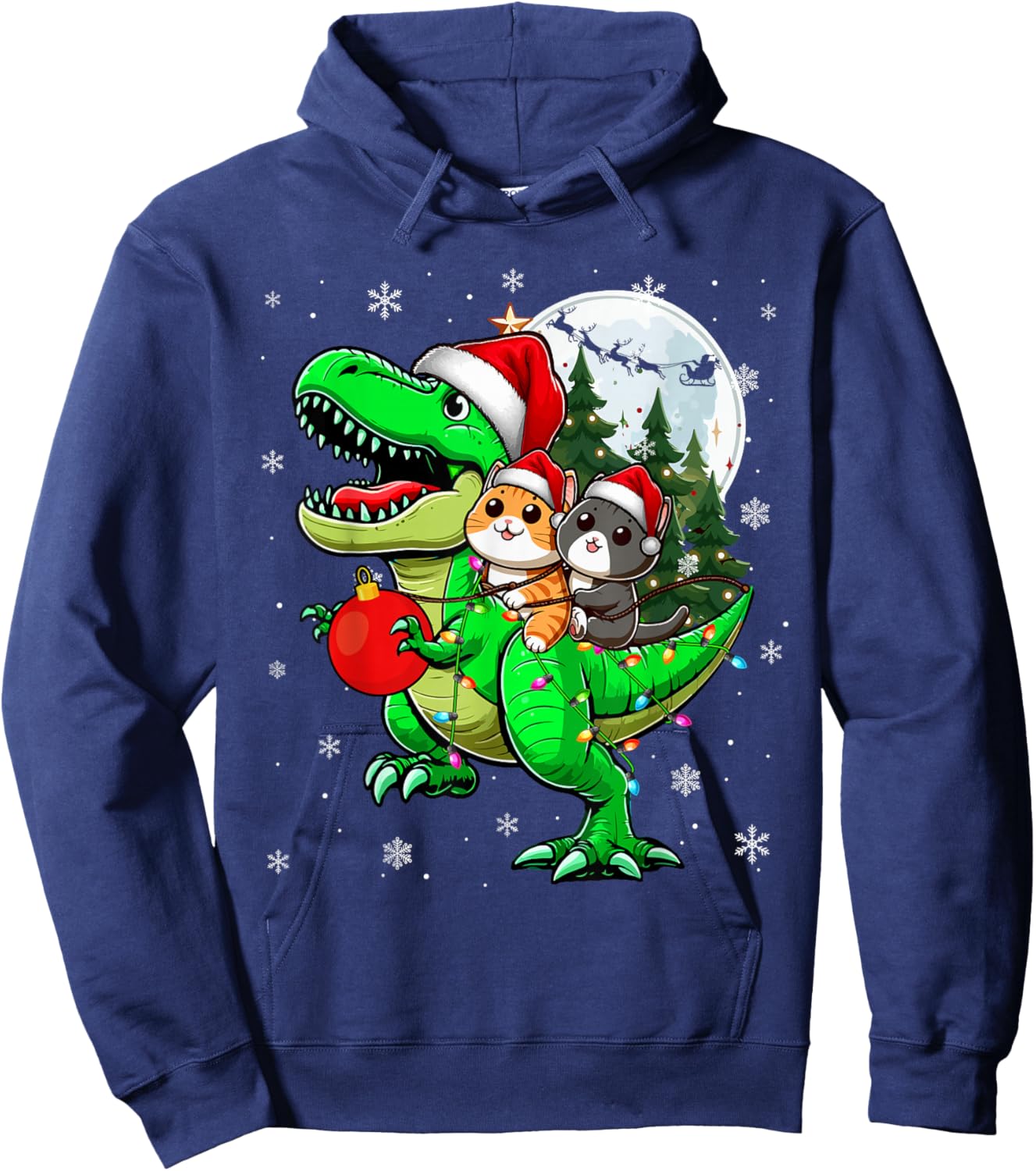 Two Xmas Cats Riding T-Rex Reindeer Lover Kids Hoodie - Hoodie | Navy