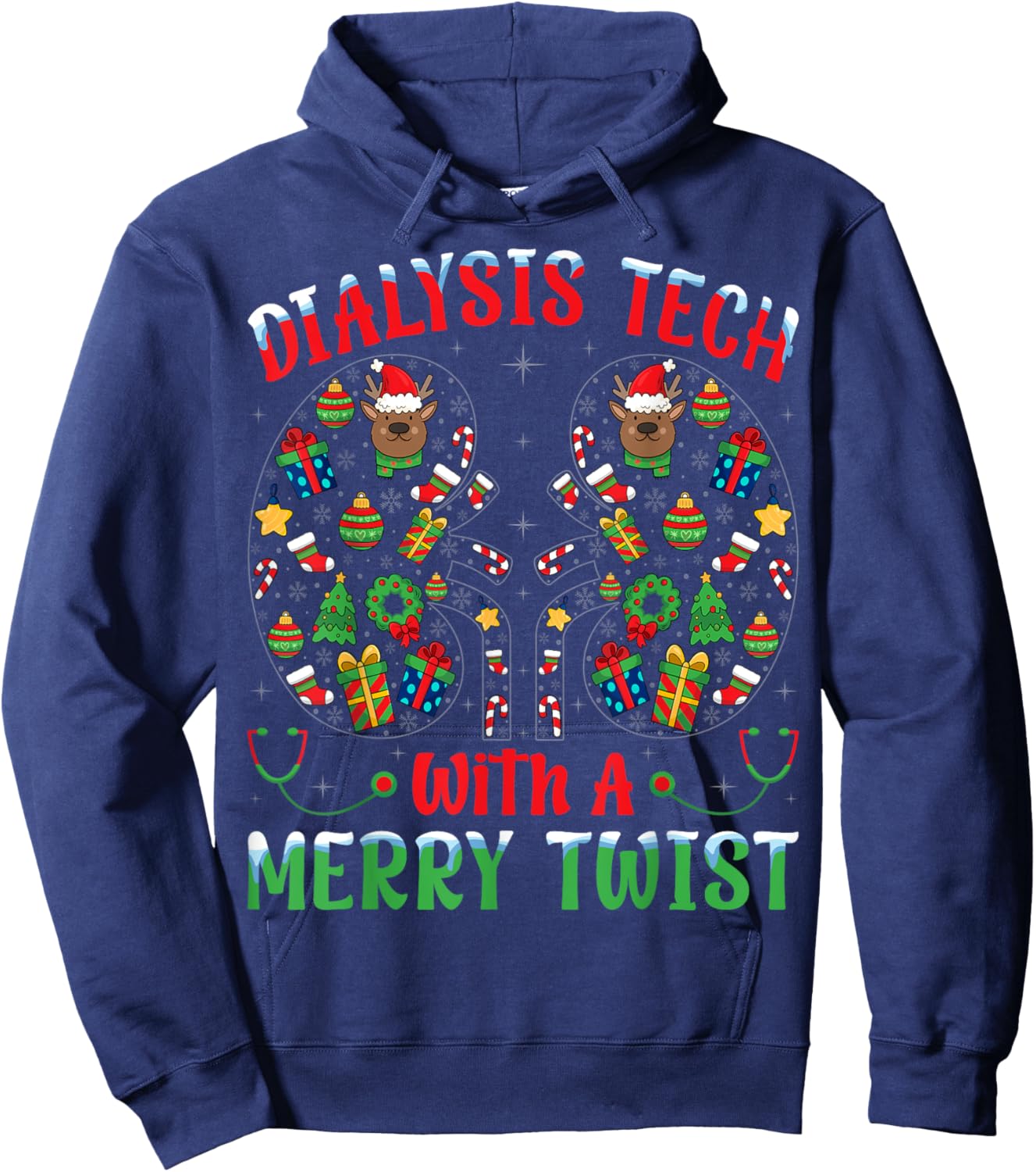 Dialysis Tech With A Merry Twist - Nephrology Tech Christmas Hoodie - Hoodie | Navy