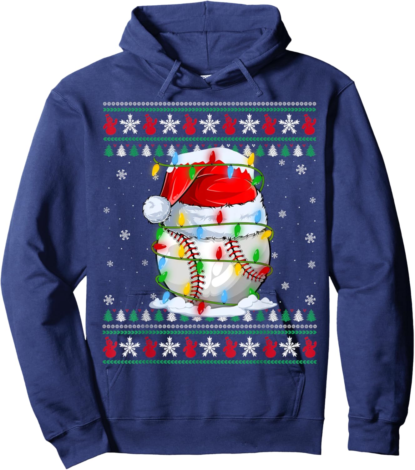 Baseball Ugly Sweater Style Xmas Lighting Baseball Christmas Hoodie - Hoodie | Navy