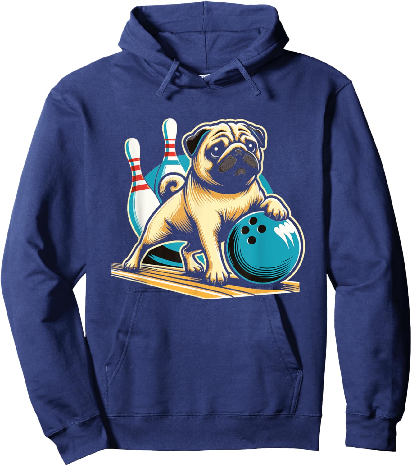 Vintage Retro Dog Pug Playing Bowling Men Women Girls Kids Hoodie - Hoodie | Navy