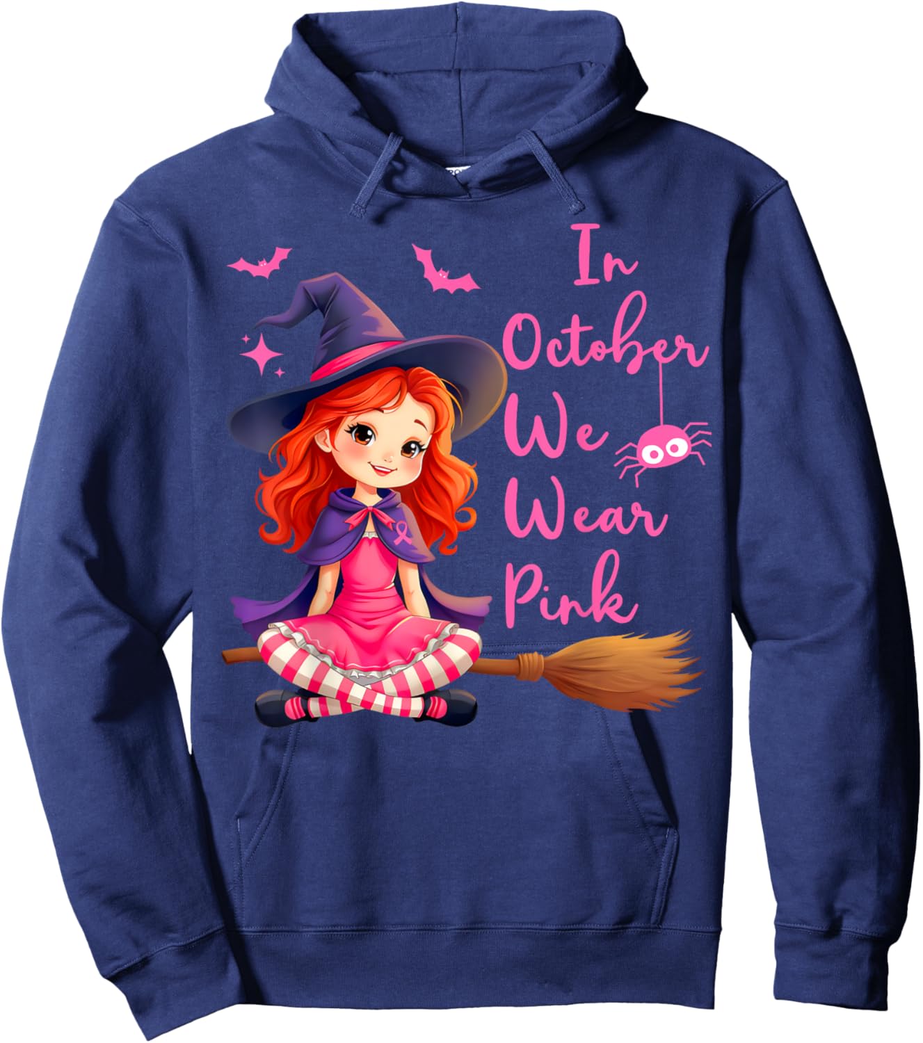 In October We Wear Pink Witch broom Breast Cancer Halloween Hoodie - Hoodie | Navy