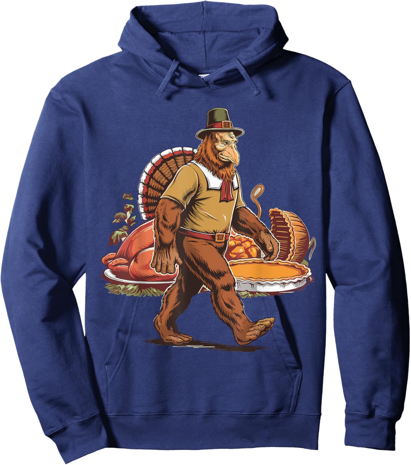 Bigfoot Pilgrim Turkey Pumpkin Thanksgiving Day Boys Men Hoodie - Hoodie | Navy