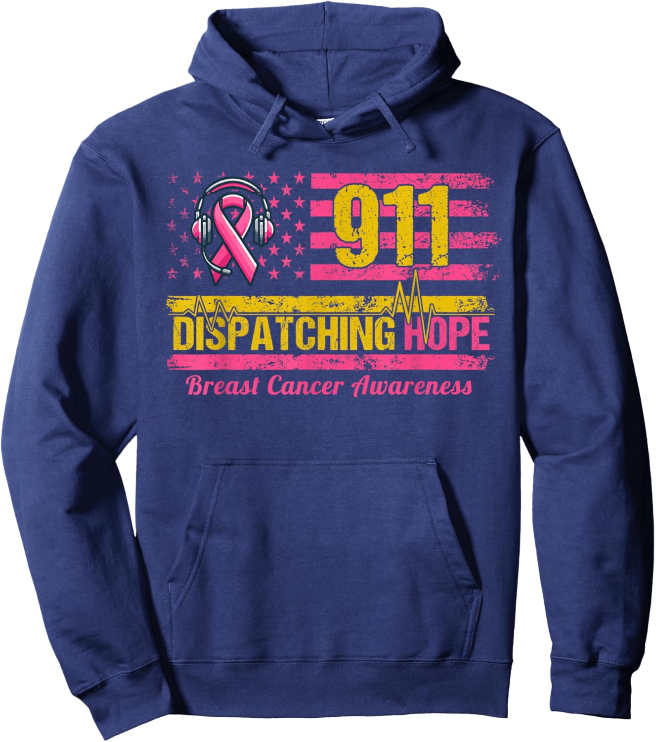 911 Dispatcher Breast Cancer Awareness American Flag Hoodie - Hoodie | Navy