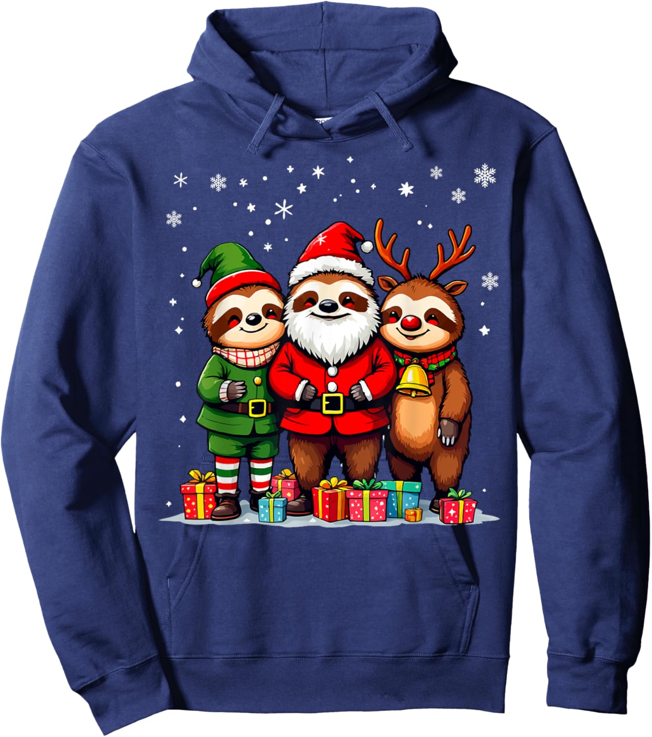 Cute Christmas Sloths in Santa Elf and Reindeer Costumes Hoodie - Hoodie | Navy