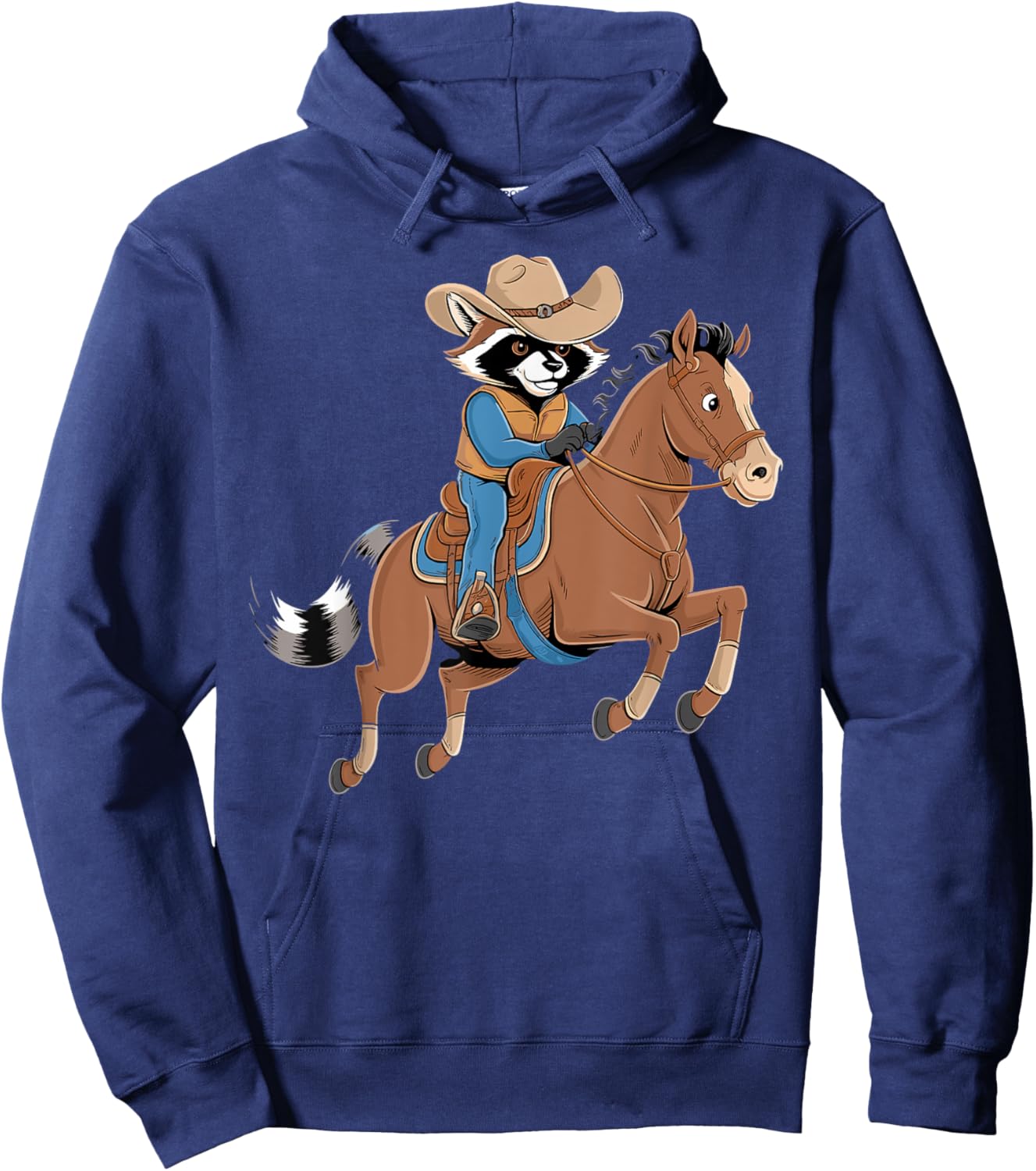Vintage Cowboy Raccoon Wearing Cowboy Hat Riding Horse Hoodie - Hoodie | Navy