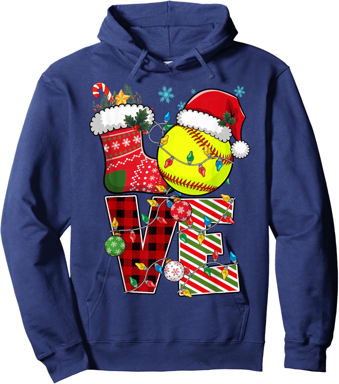 Love Softball Christmas Santa Hat Softball Plaid Color Xmas Hoodie - Hoodie | Navy