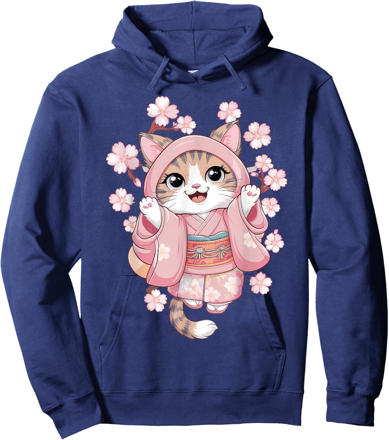 Cherry Blossom Japanese Anime Kawaii Cat Kimono Dress Hoodie - Hoodie | Navy