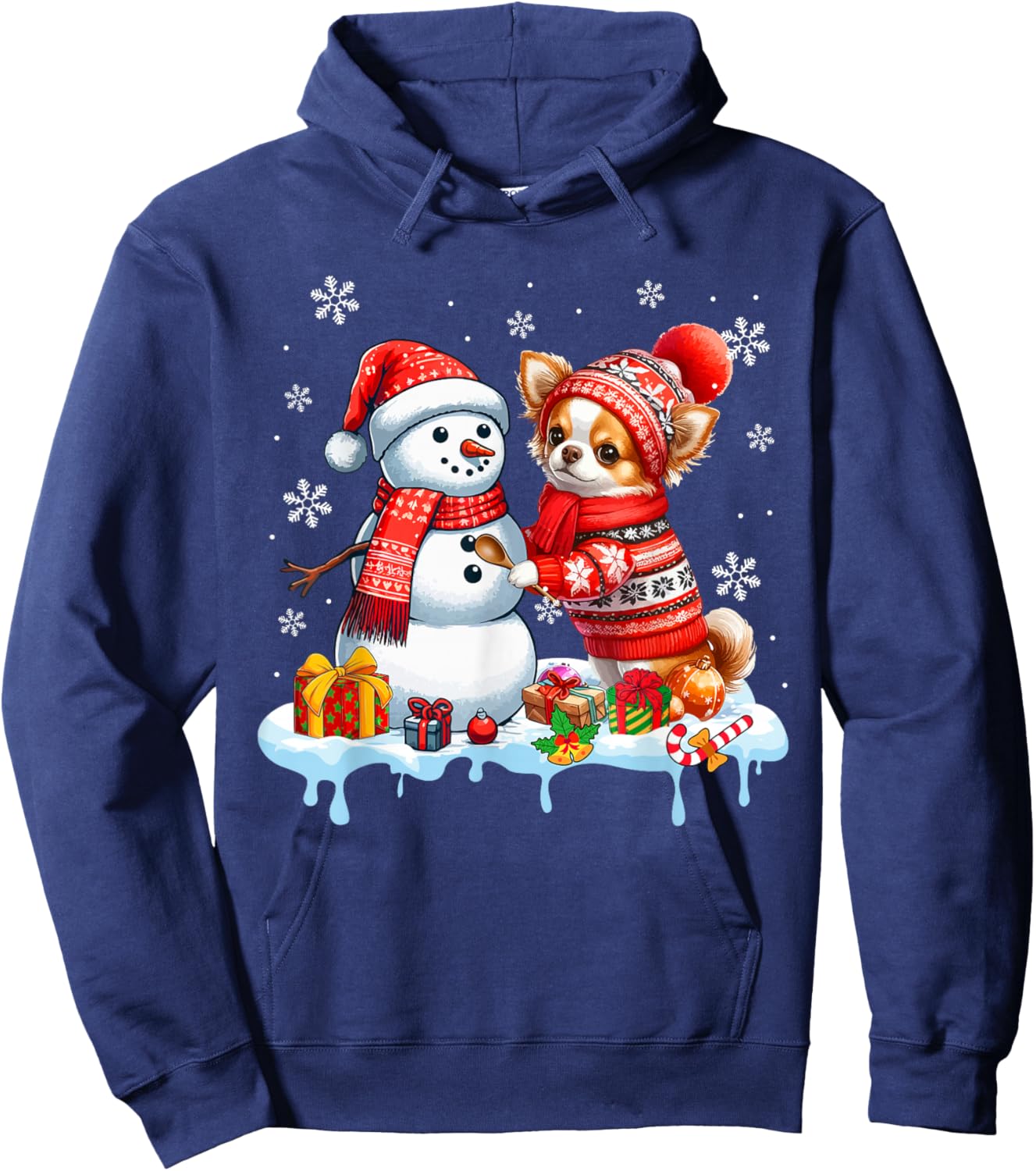 Santa Chihuahua Builds Snowman Christmas Dog Owner Kids Hoodie - Hoodie | Navy