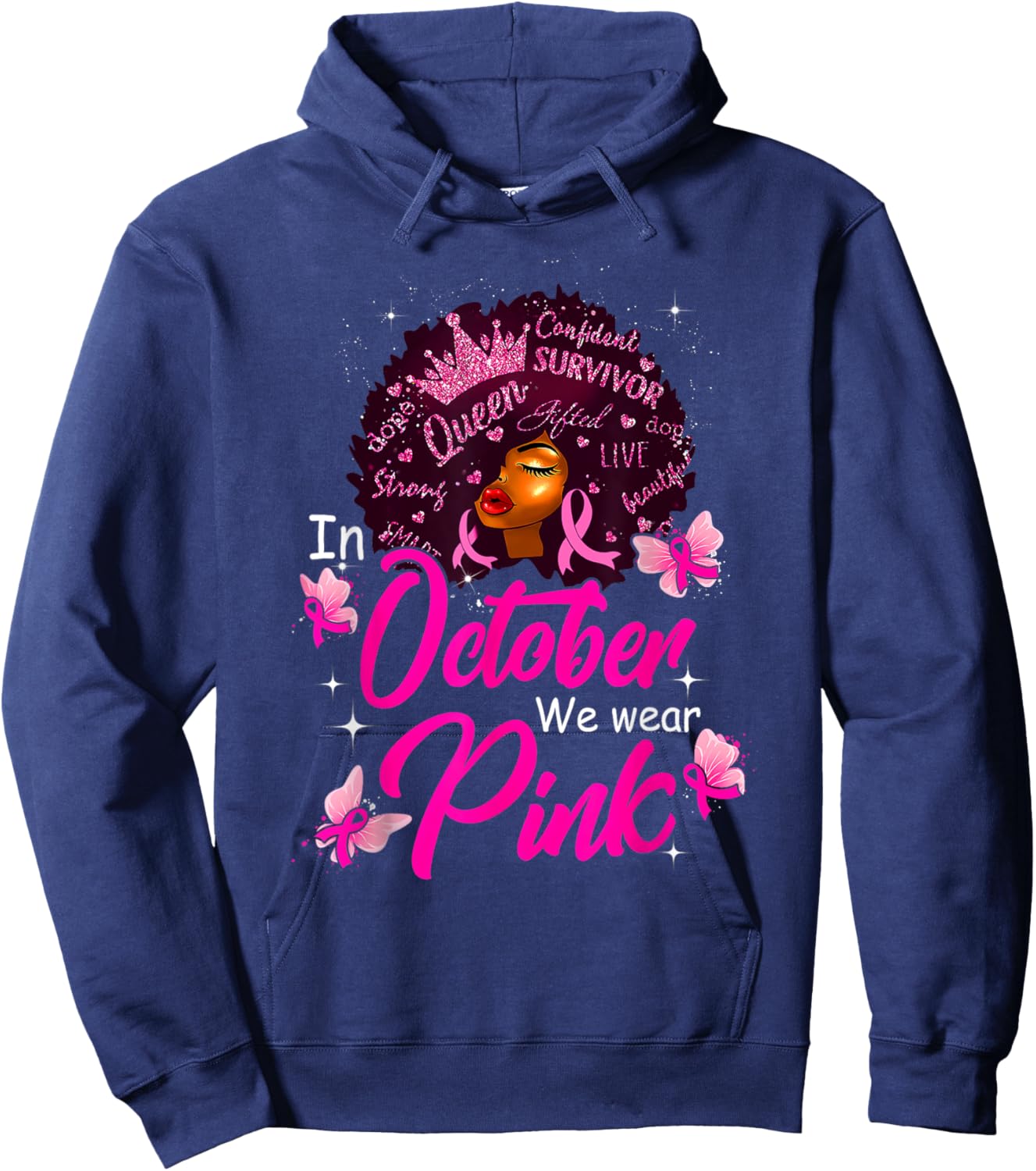 In October We Wear Pink Black Women Breast Cancer Awareness Hoodie - Hoodie | Navy