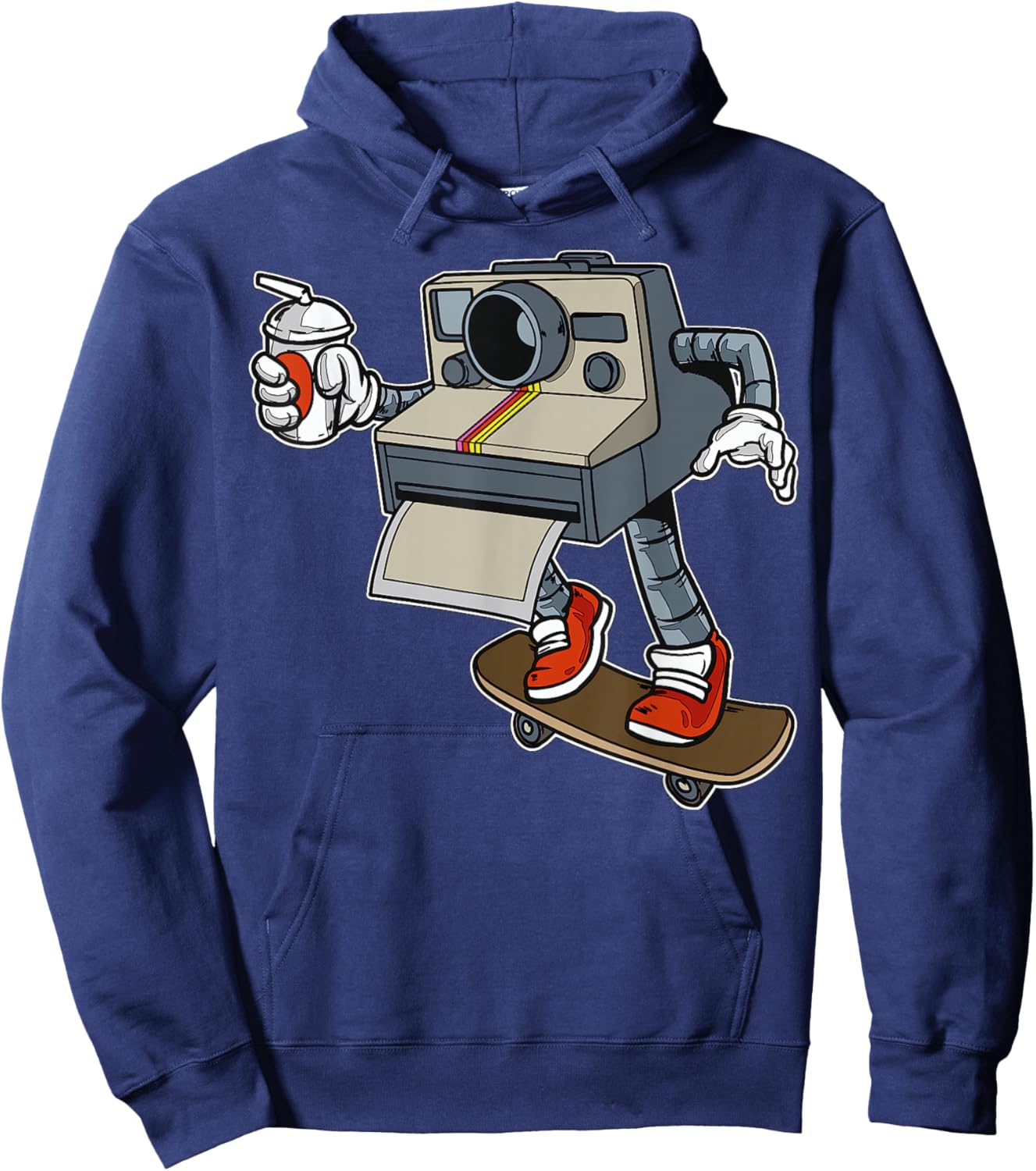 Cartoon Camera On Skateboard Playful Retro Character Hoodie - Hoodie | Navy