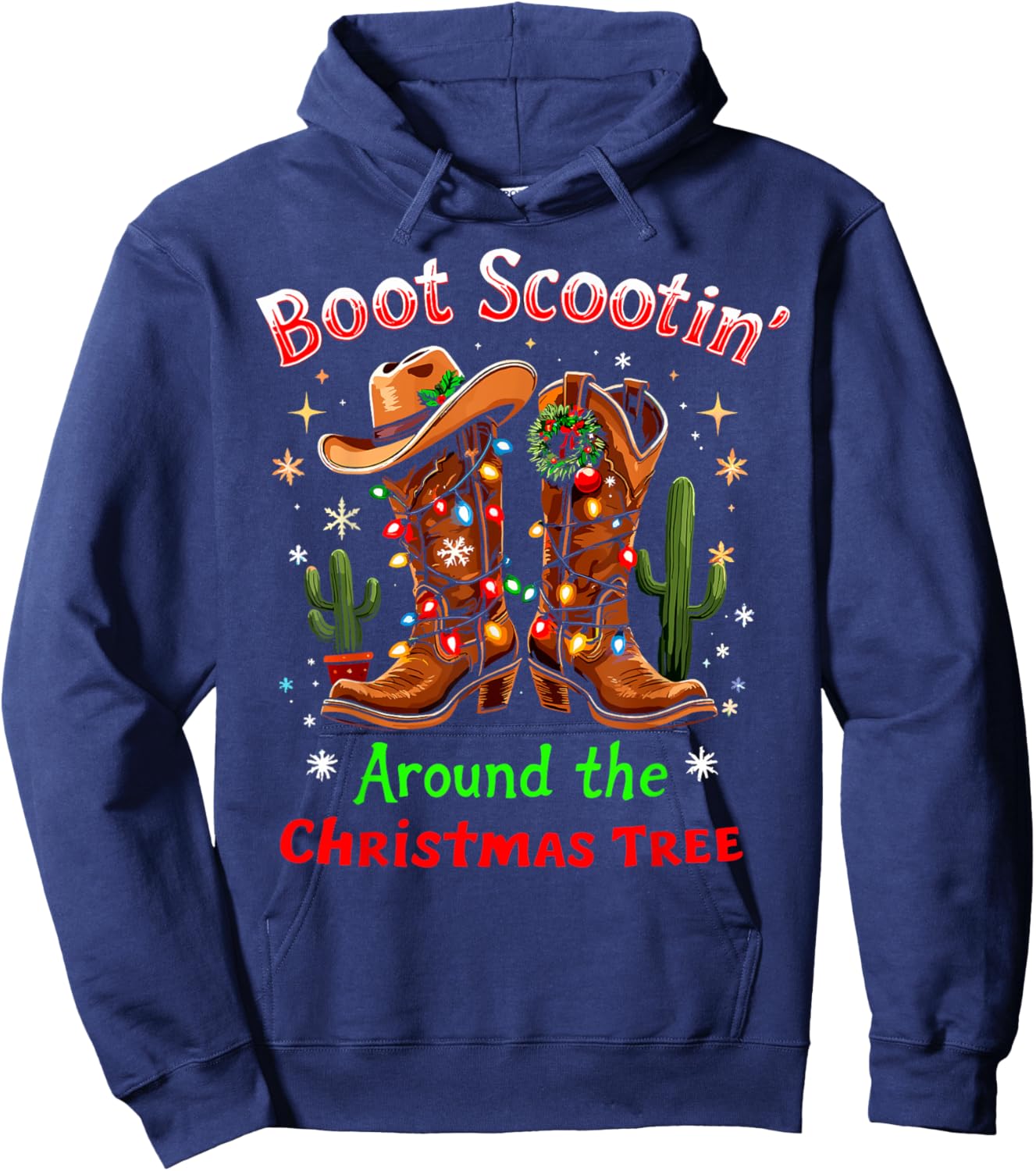 Funny Christmas New Year Xmas Party Christmas Eve Boot Scootin' Around the Christmas Tree Lights Cowboy - Black, Small, Short Sleeve, , Western Style, Casual, -Adults/Kids Hoodie - Hoodie | Navy