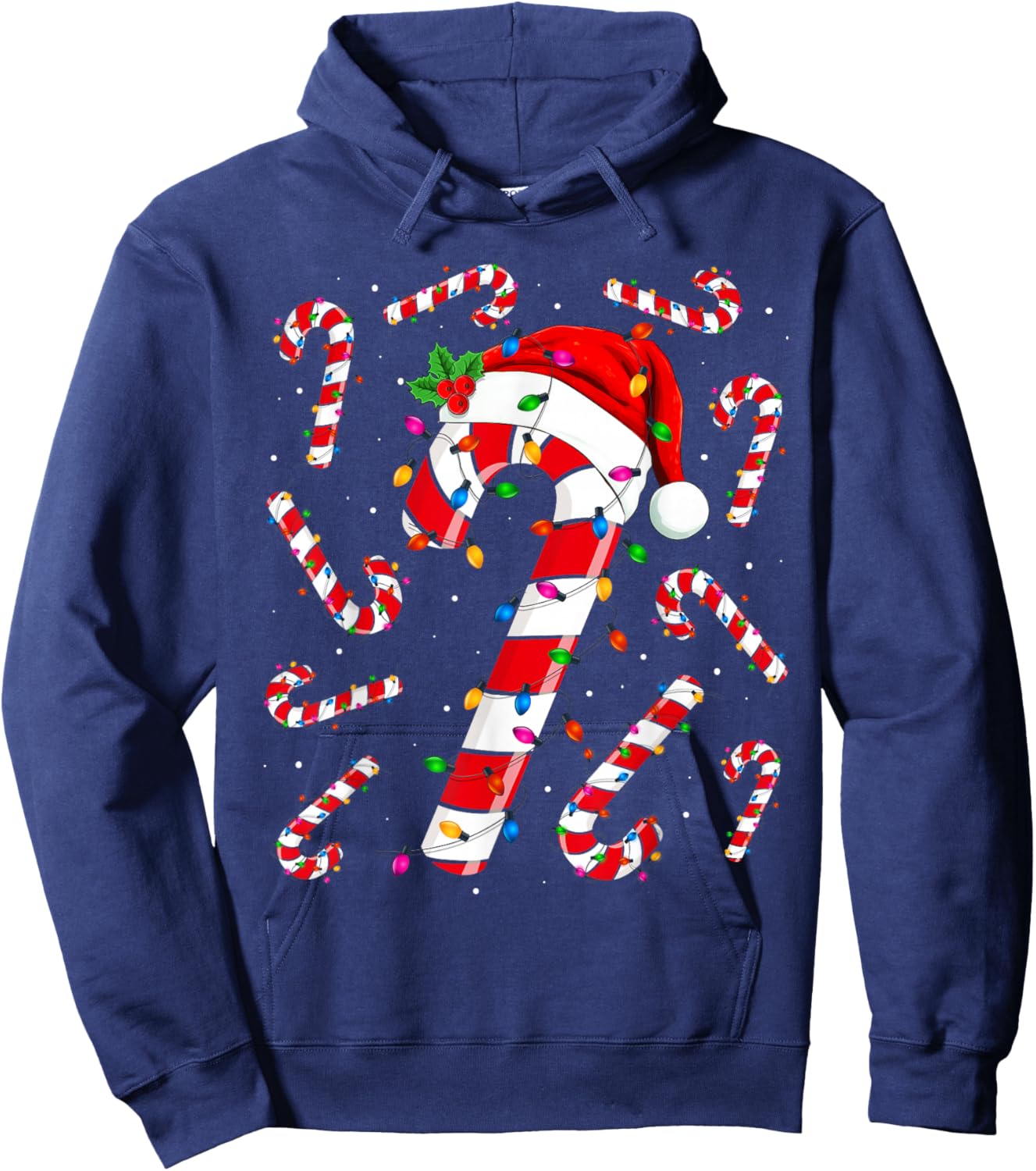 Red and White Candy Cane Santa Christmas Funny Xmas Lights Hoodie - Hoodie | Navy