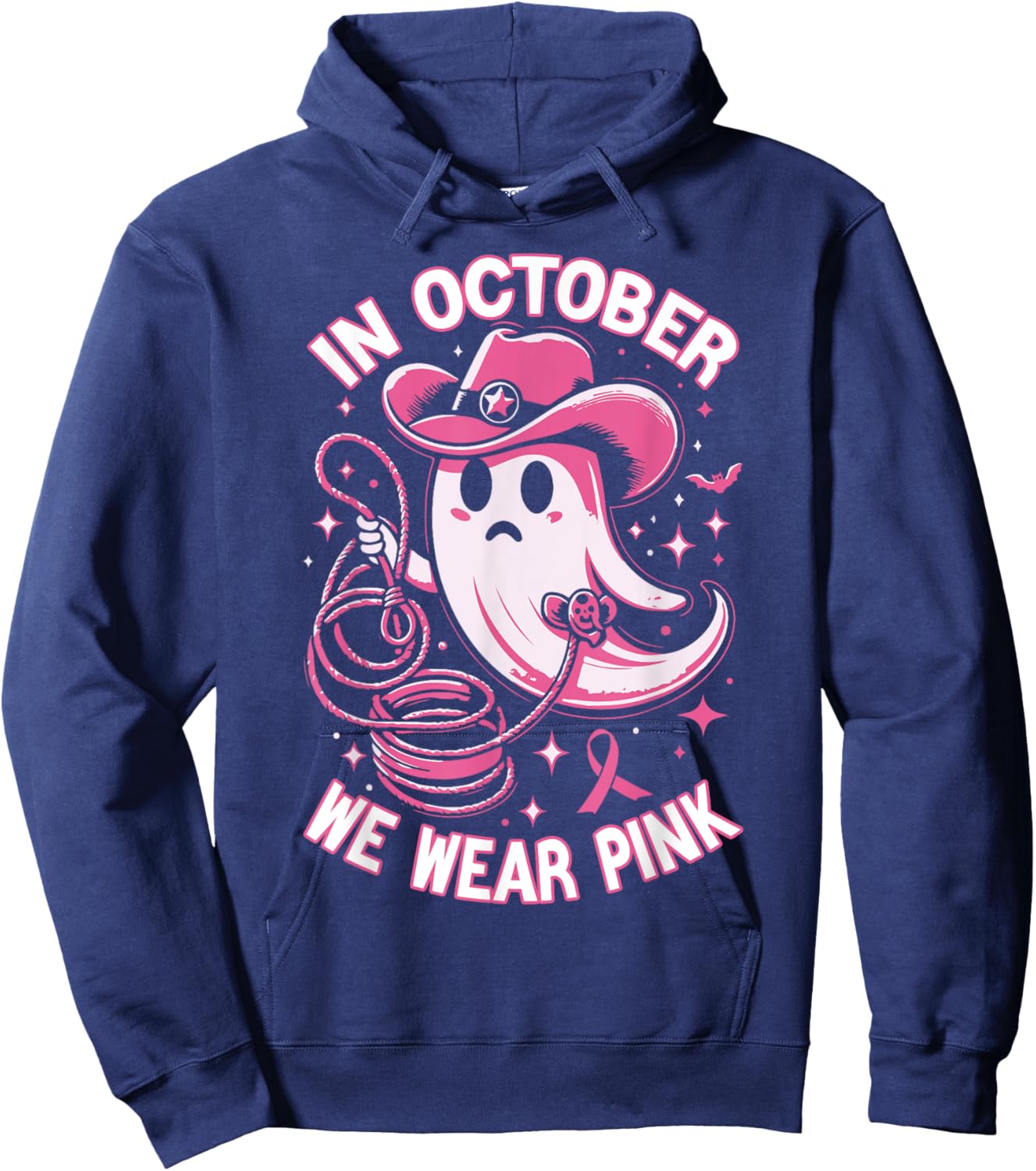 In October We Wear Pink Cowboy Ghost Halloween Breast Cancer Hoodie - Hoodie | Navy