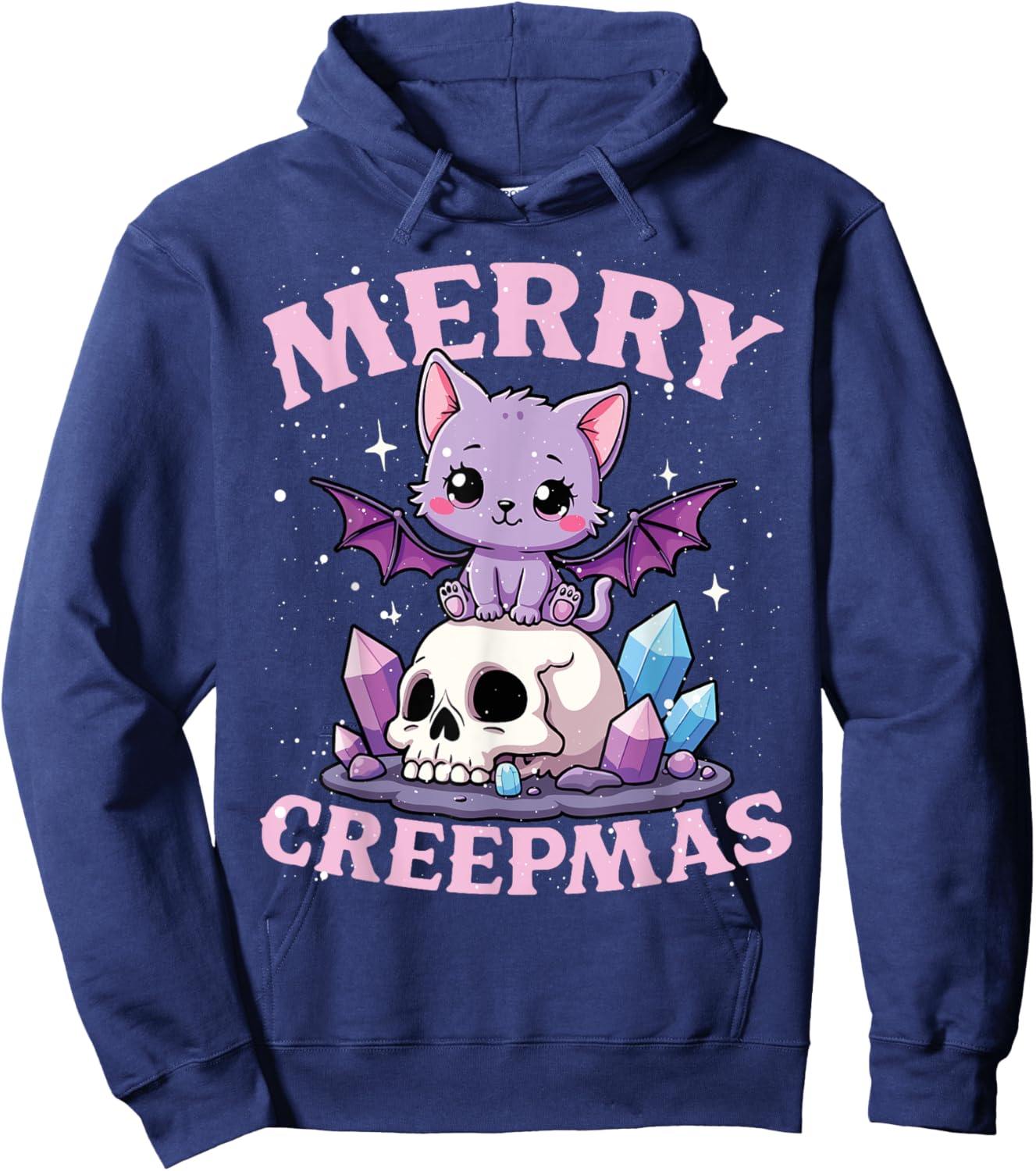 Merry Creepmas Cat Pastel Goth Christmas Skull Women Kids Hoodie - Hoodie | Navy