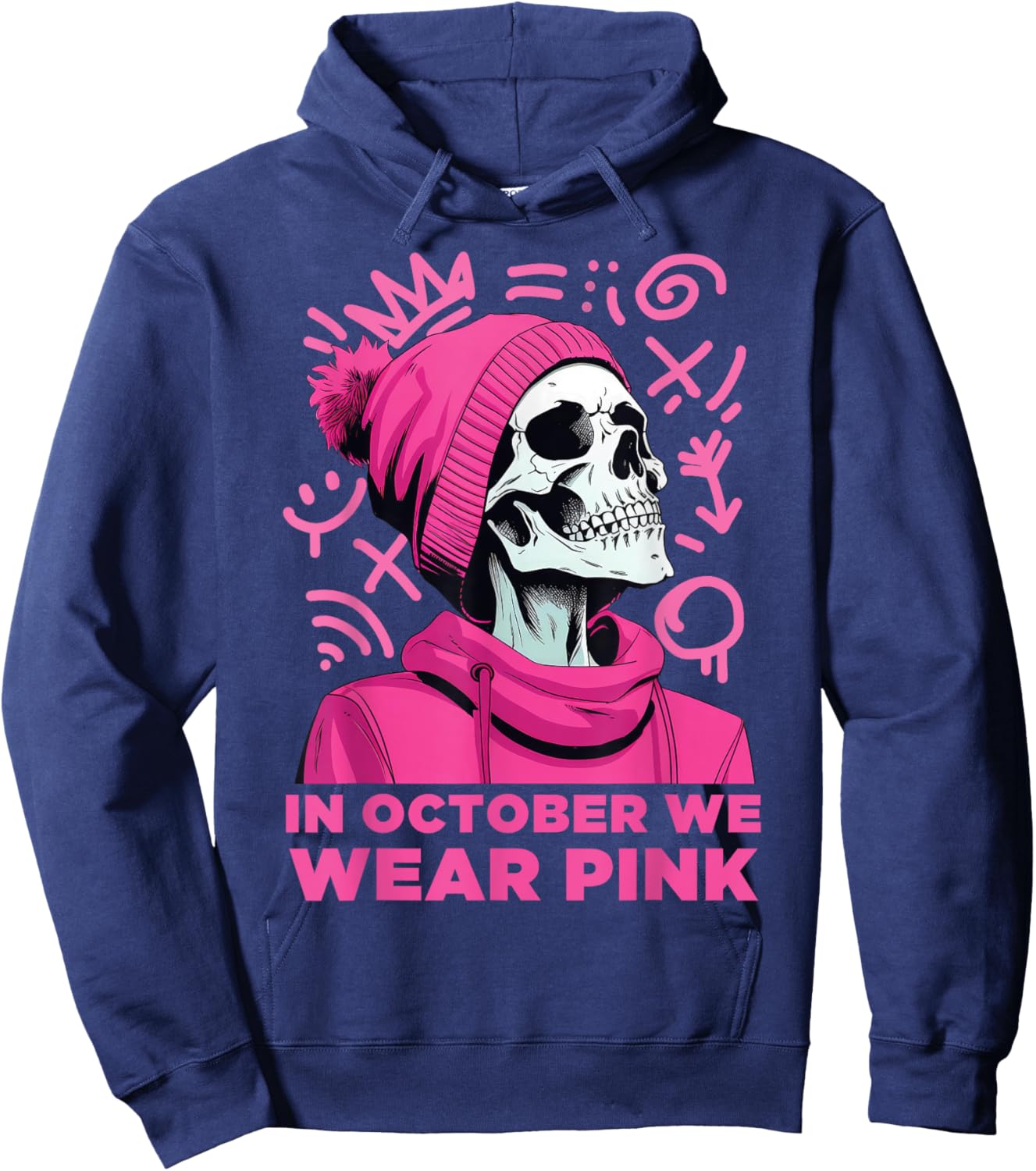 In October We Wear Pink Halloween Breast Cancer Awareness Hoodie - Hoodie | Navy