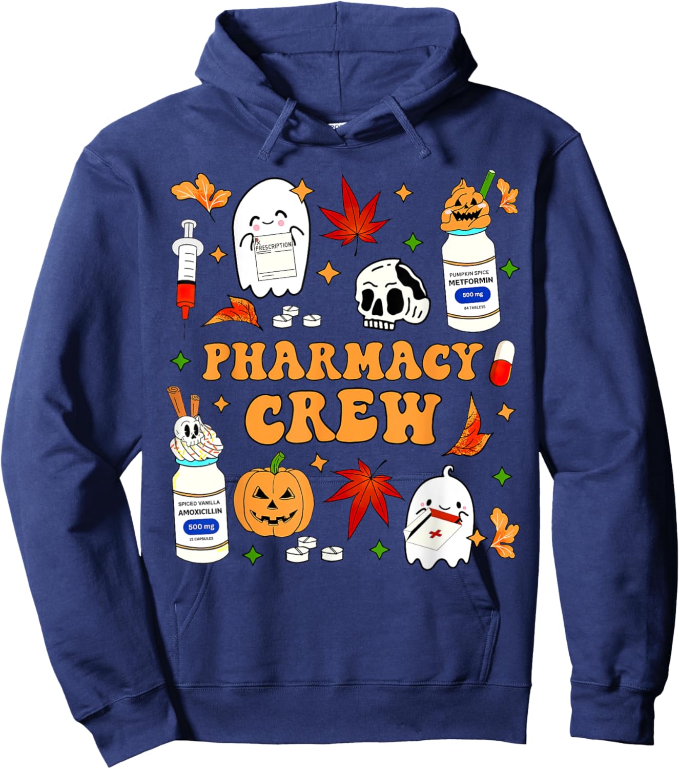 Pharmacy Crew Ghost Pumpkin Fall Pharmacist Tech Halloween Hoodie - Hoodie | Navy