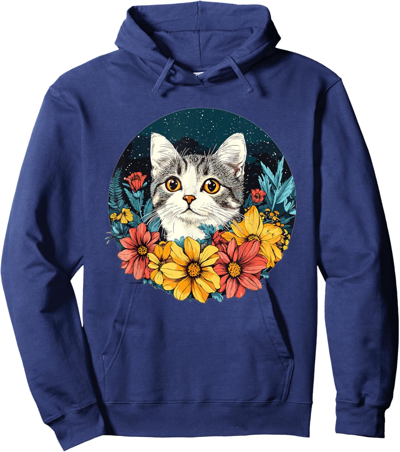 Cute Cat With Flowers Vintage Floral Art Hoodie - Hoodie | Navy