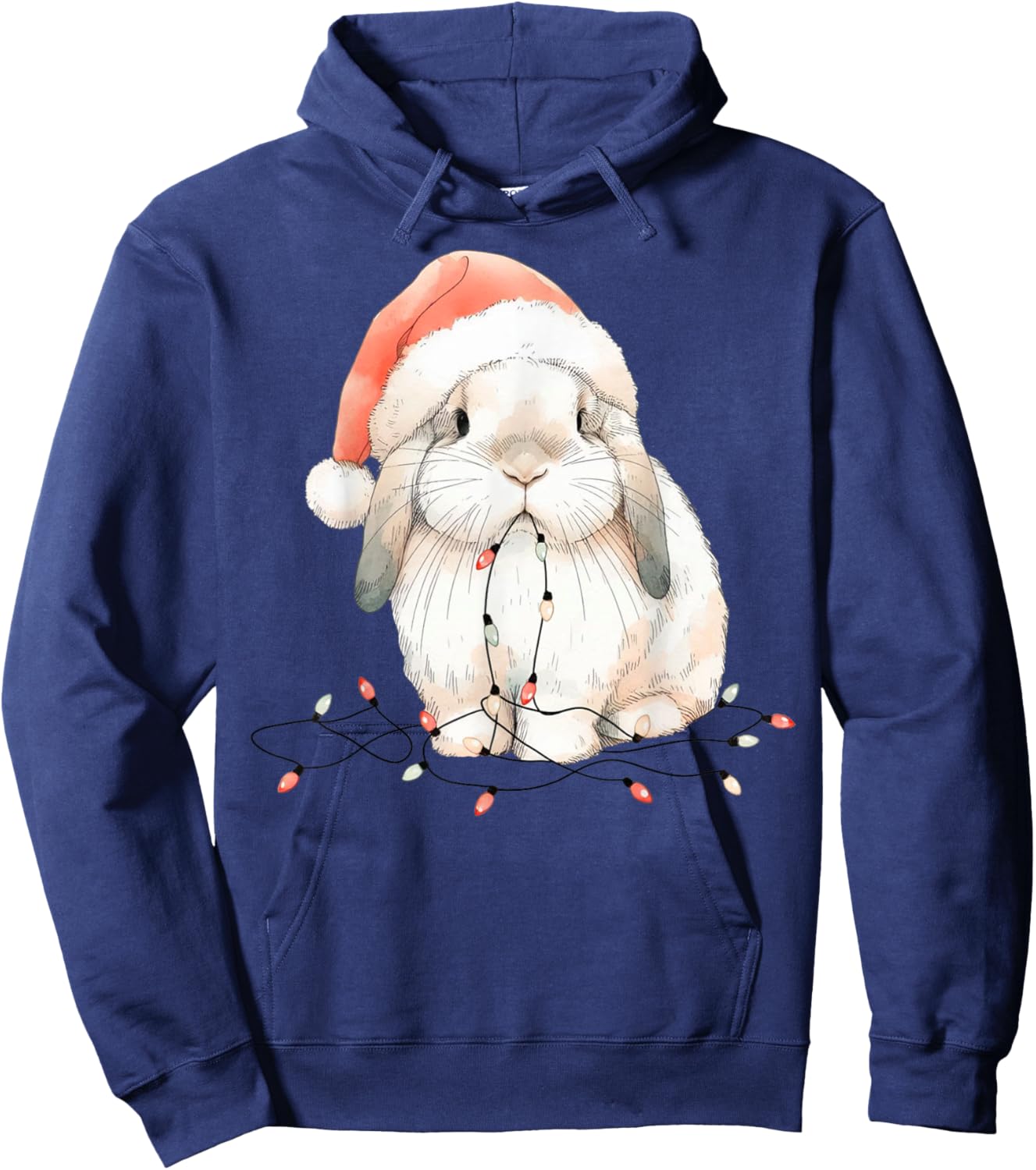 Cute Rabbit Bunny Lop Chew Christmas Light Xmas Watercolor Hoodie - Hoodie | Navy