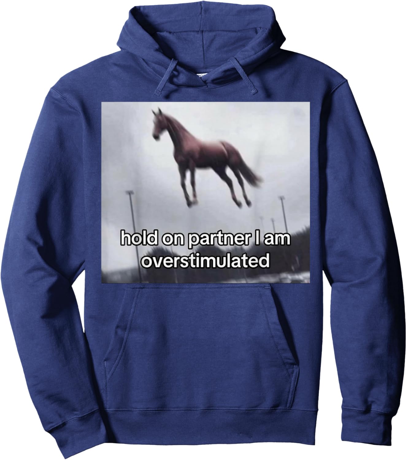 Vintage 1977 Groovy Hold On Partner I'm Overstimulated Western Horse - -Adults, Black, Small, Short Sleeve Hoodie - Hoodie | Navy