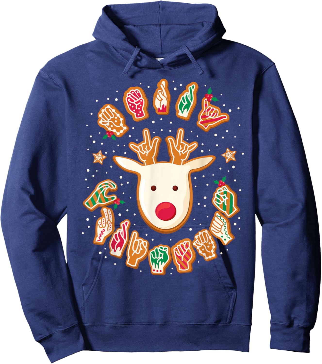 Gingerbread ASL Deaf Signing ASL Christmas - -Adults, -Kids - Black - Small - Short Sleeve - Modern Festive Casual - Reindeer, Gingerbread Hands - Christmas Hoodie - Hoodie | Navy