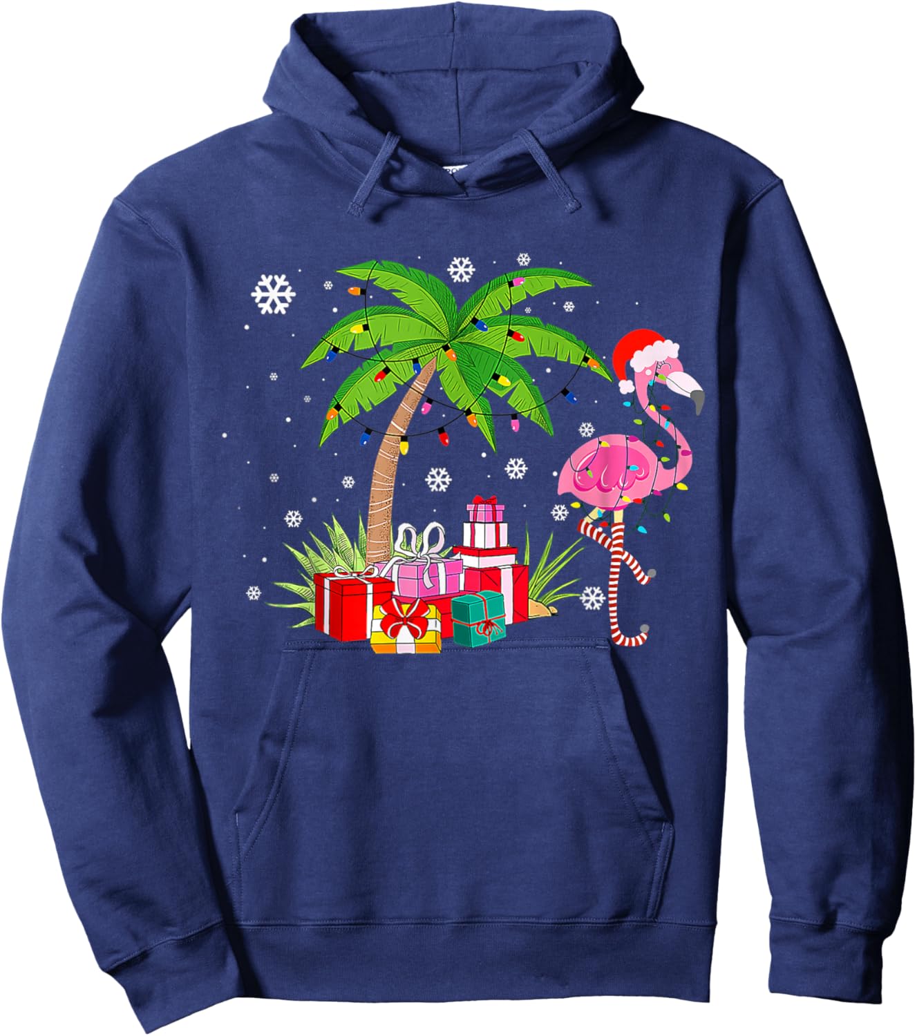 Pink Flamingo Christmas Palm Tree Tropical Xmas Funny Hoodie - Hoodie | Navy