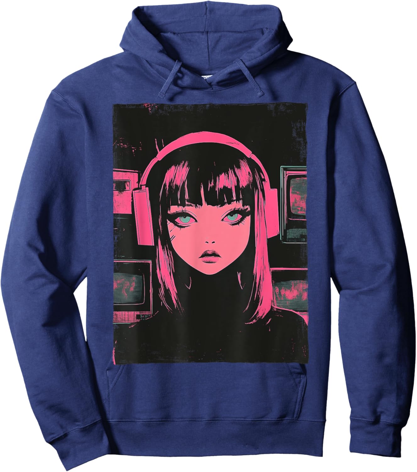 Cute E-girl Anime Vaporwave Cyber Goth Distressed Grunge Hoodie - Hoodie | Navy