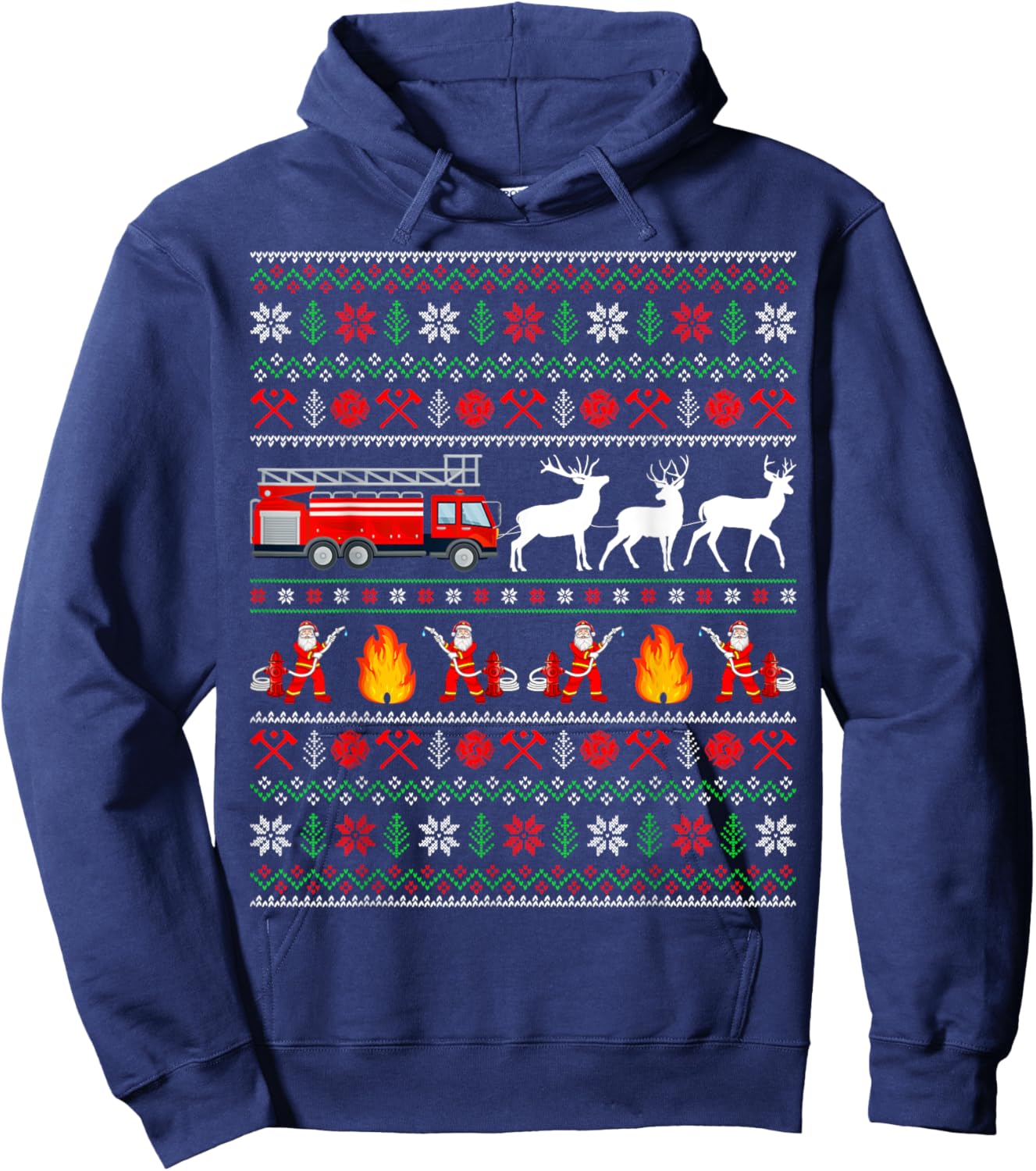 Fire Truck Reindeer Santa Ugly Sweater Firefighter Christmas Hoodie - Hoodie | Navy