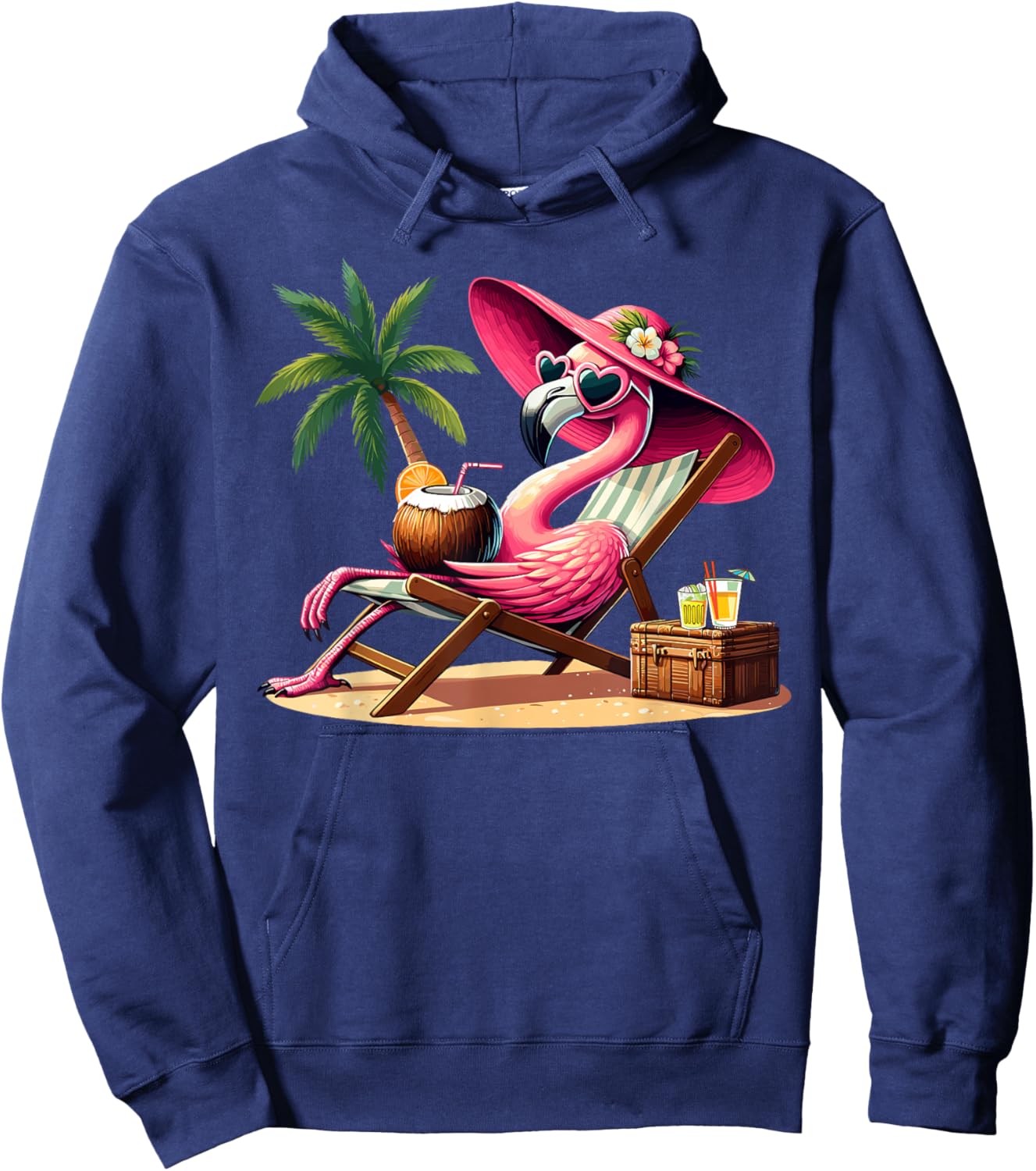 Pink Flamingo Summer Vibes Beach Palm Tree Summer Vacation Hoodie - Hoodie | Navy