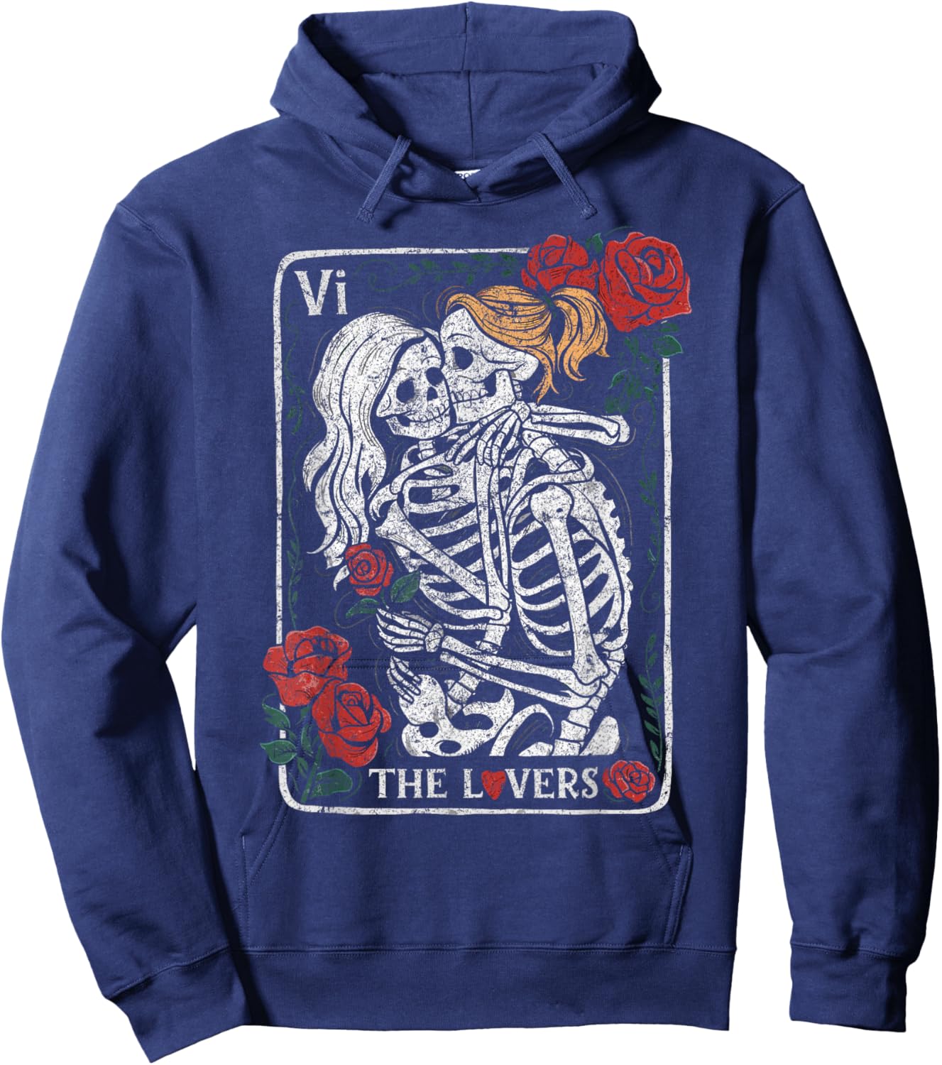 The Lovers Tarot Card Gothic Occult Kissing Skeleton Roses Hoodie - Hoodie | Navy