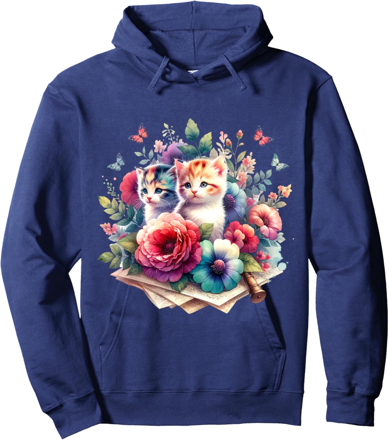 Floral Vintage Aesthetic Painted Kittens and Pressed Flower Hoodie - Hoodie | Navy