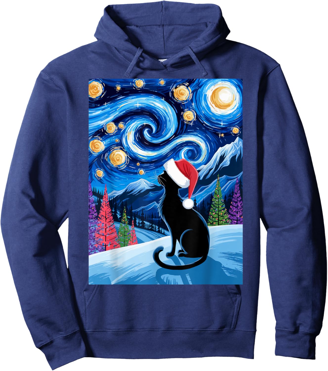 Van Gogh Christmas Cat Starry Night Black Cat Fans Santa Hat Hoodie - Hoodie | Navy