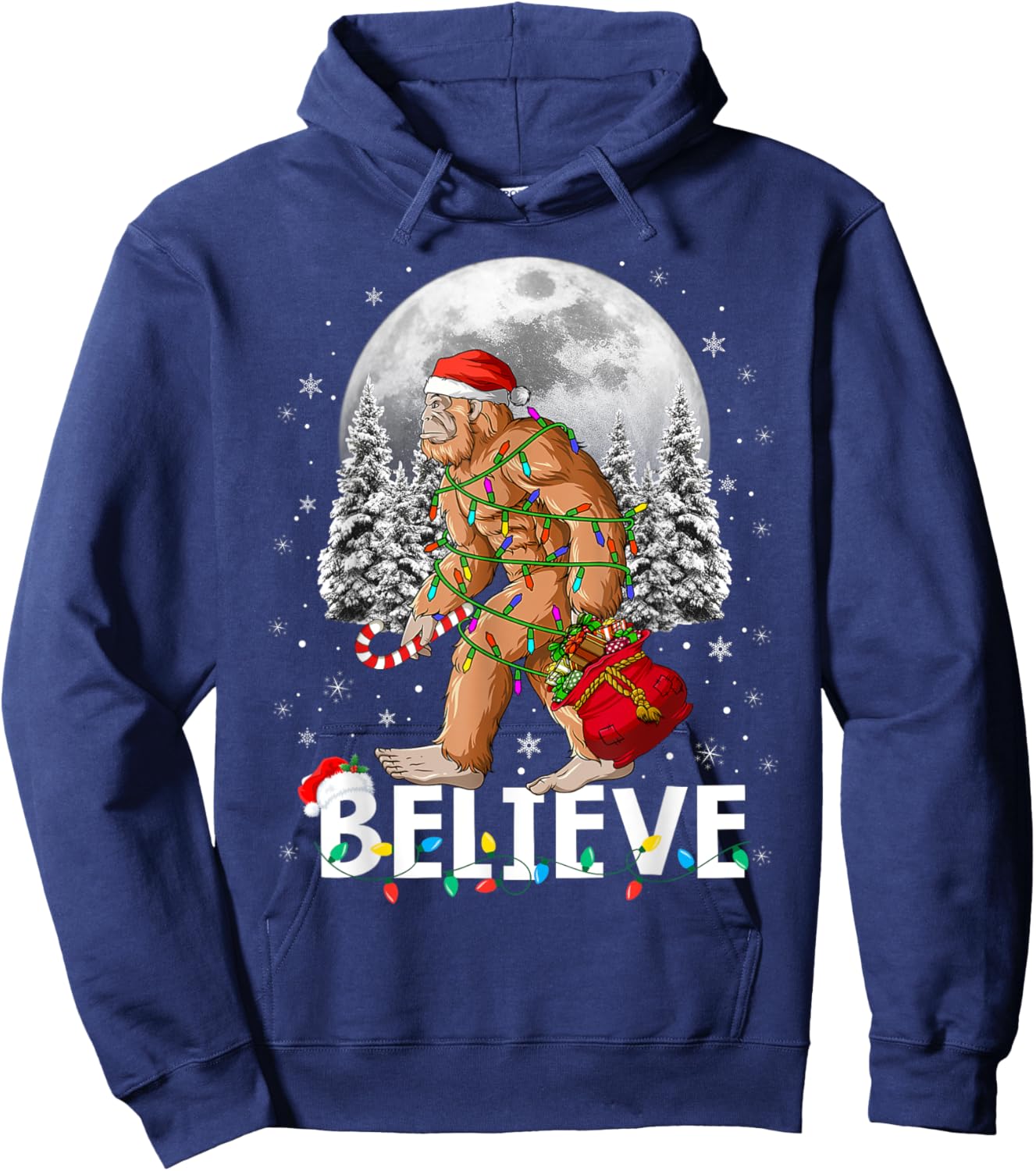 Santa Bigfoot Christmas Lights Funny Sasquatch Believe Xmas Hoodie - Hoodie | Navy