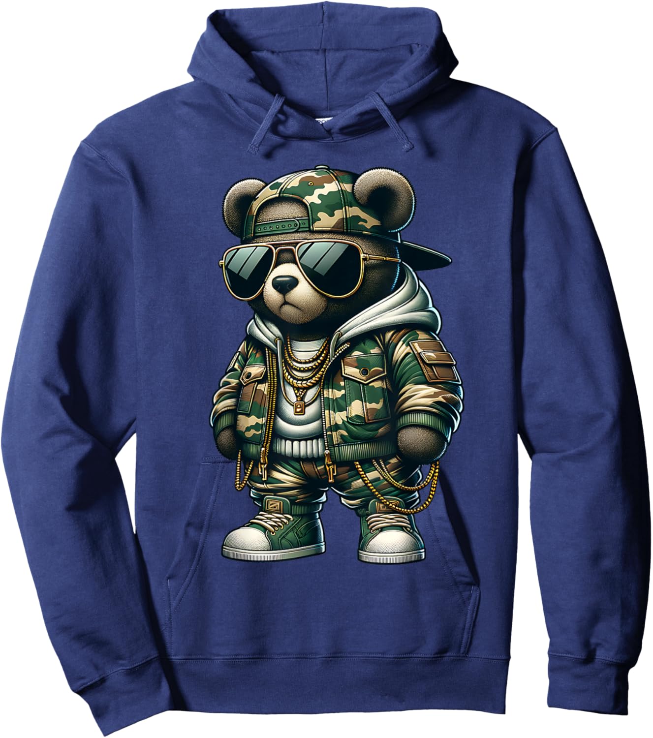 Camo Teddy Bear Hip-Hop Streetwear-Urban Camouflage Bear Hoodie - Hoodie | Navy