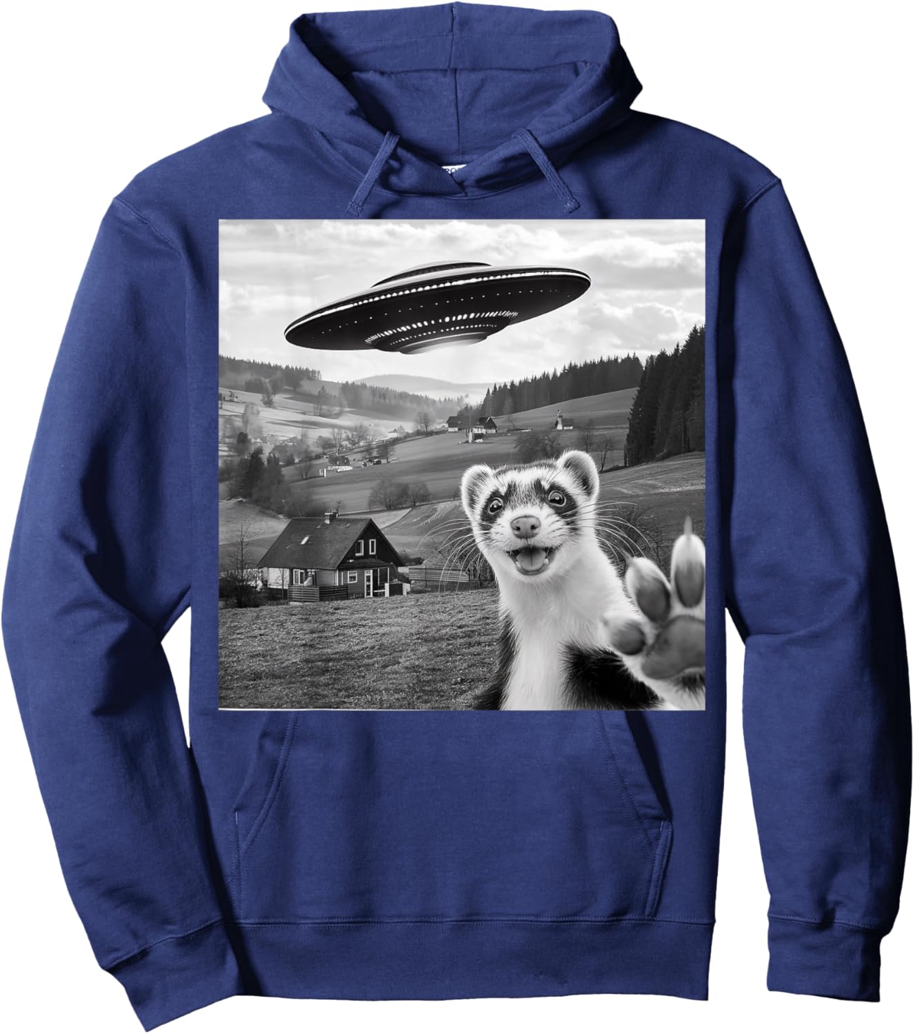 Ferret Selfie With Alien UFO Funny Gifts Women Kid Hoodie - Hoodie | Navy