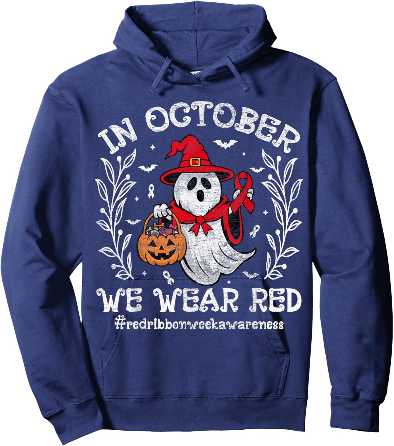In October We Wear Red For Red Ribbon Week Awareness Ghost Hoodie - Hoodie | Navy