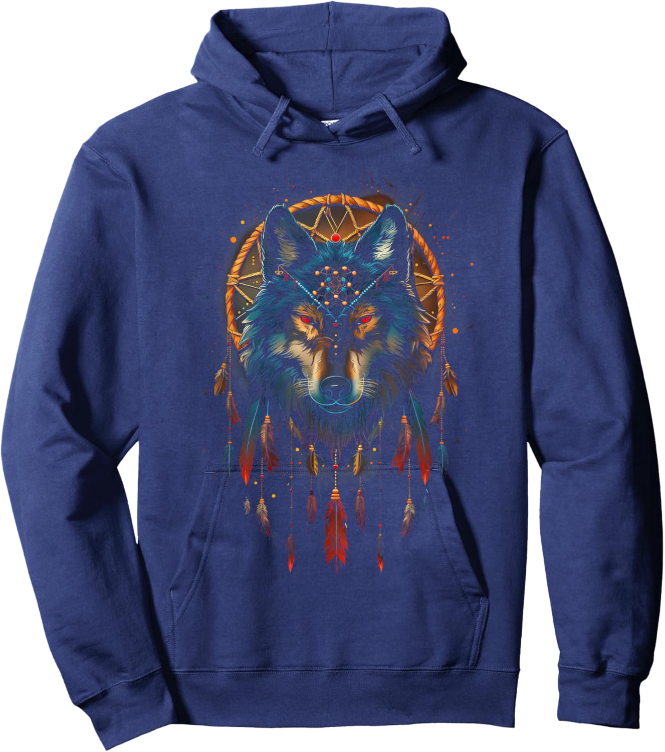 Colorful Mantra Spirit Animal Dreamcatcher Shop Wolf Dreamcatcher Native American Indian Feathers Arts -Adults Black Small Modern Tribal Boho Motif Round Collar Short Sleeve Hoodie - Hoodie | Navy
