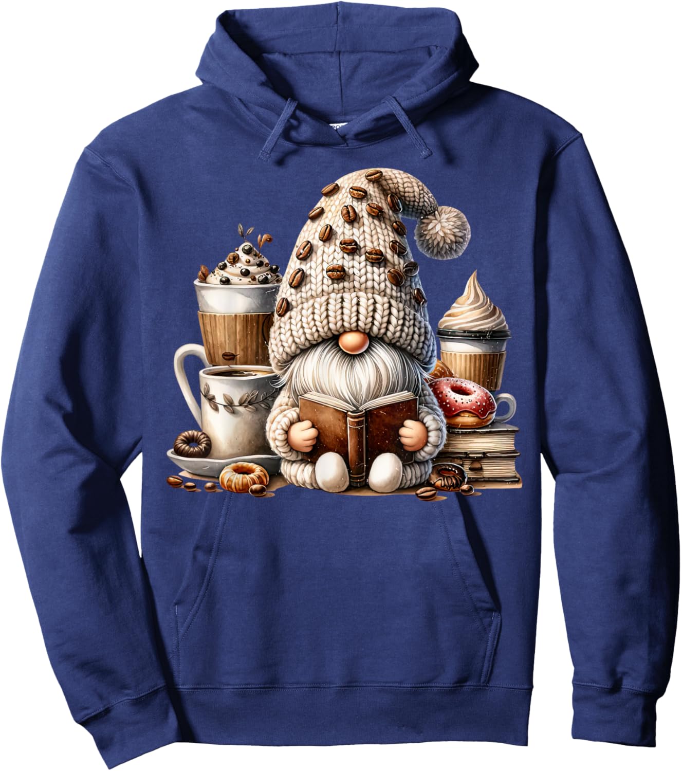 Vintage Cute Gnome Reading Book Coffee Latte Men Women Kids Hoodie - Hoodie | Navy