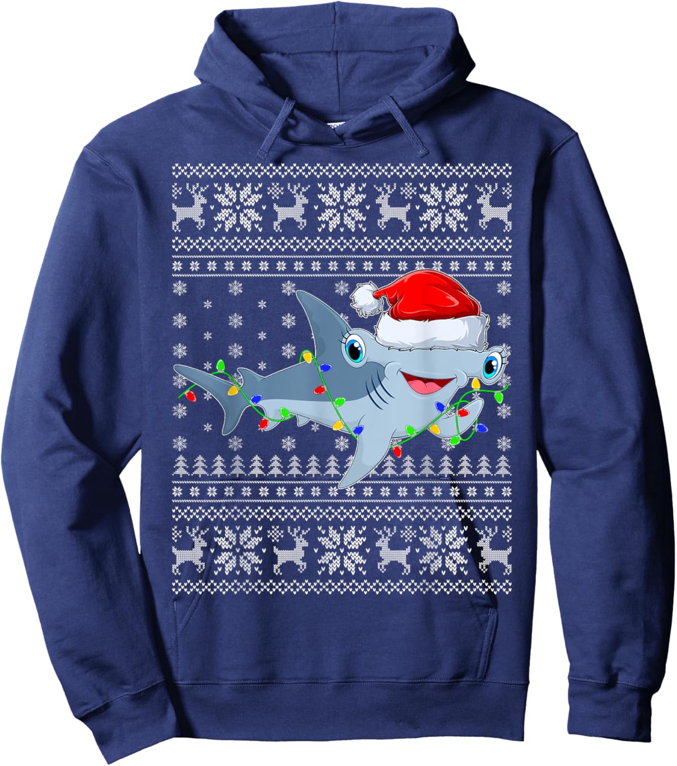 Ugly Sweater Xmas Lights Santa Hammerhead Shark Christmas Hoodie - Hoodie | Navy