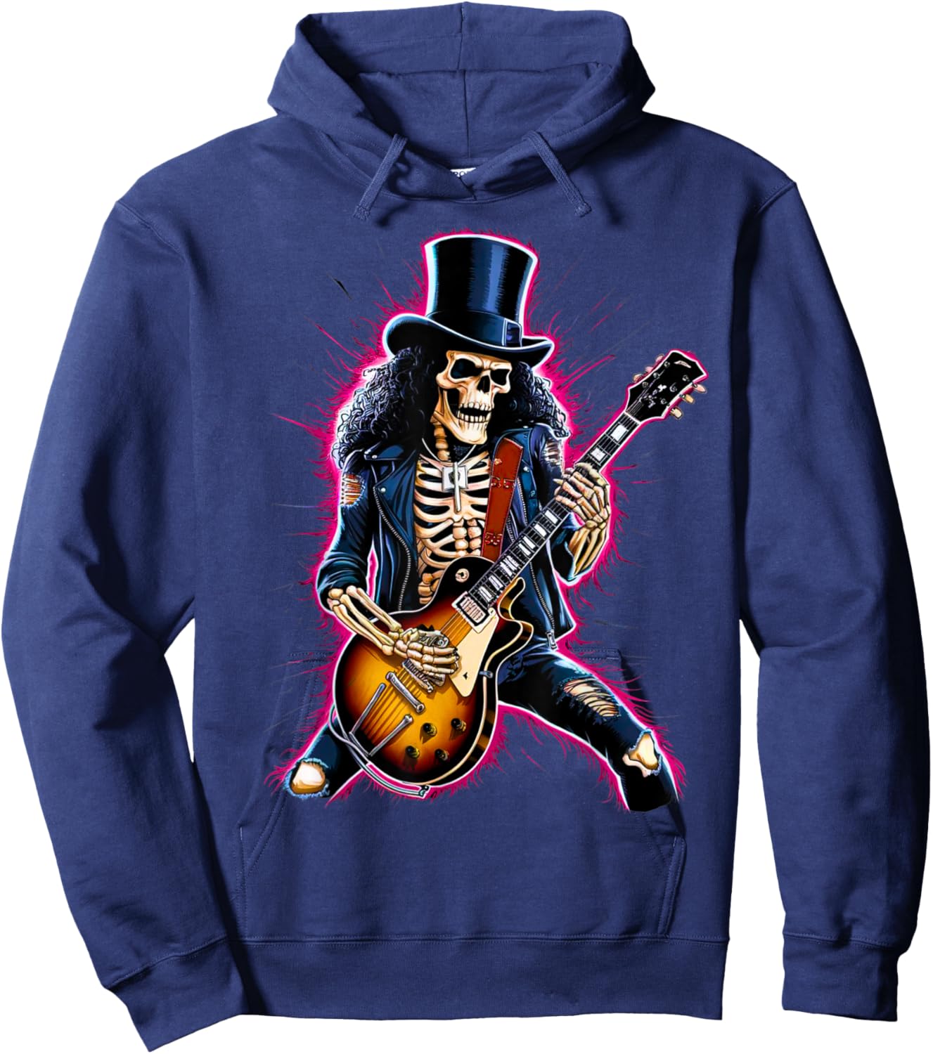 Skeleton Playing Guitar Rock & Roll Band 80s 90s Concert Hoodie - Hoodie | Navy