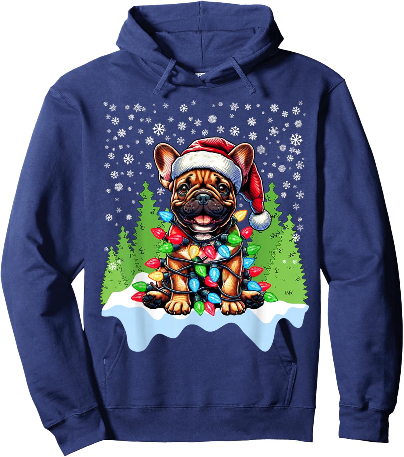 French Bulldog Christmas Santa Hat Lights Tree Snowflakes Hoodie - Hoodie | Navy