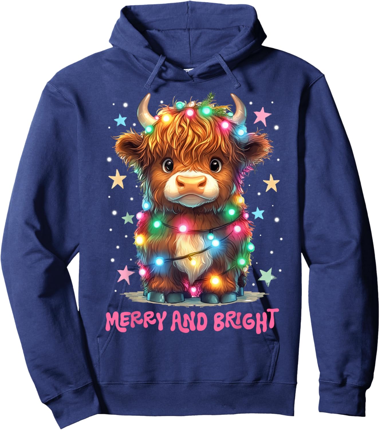 Merry And Bright Cute Highland Cow Christmas Xmas Lights Hoodie - Hoodie | Navy